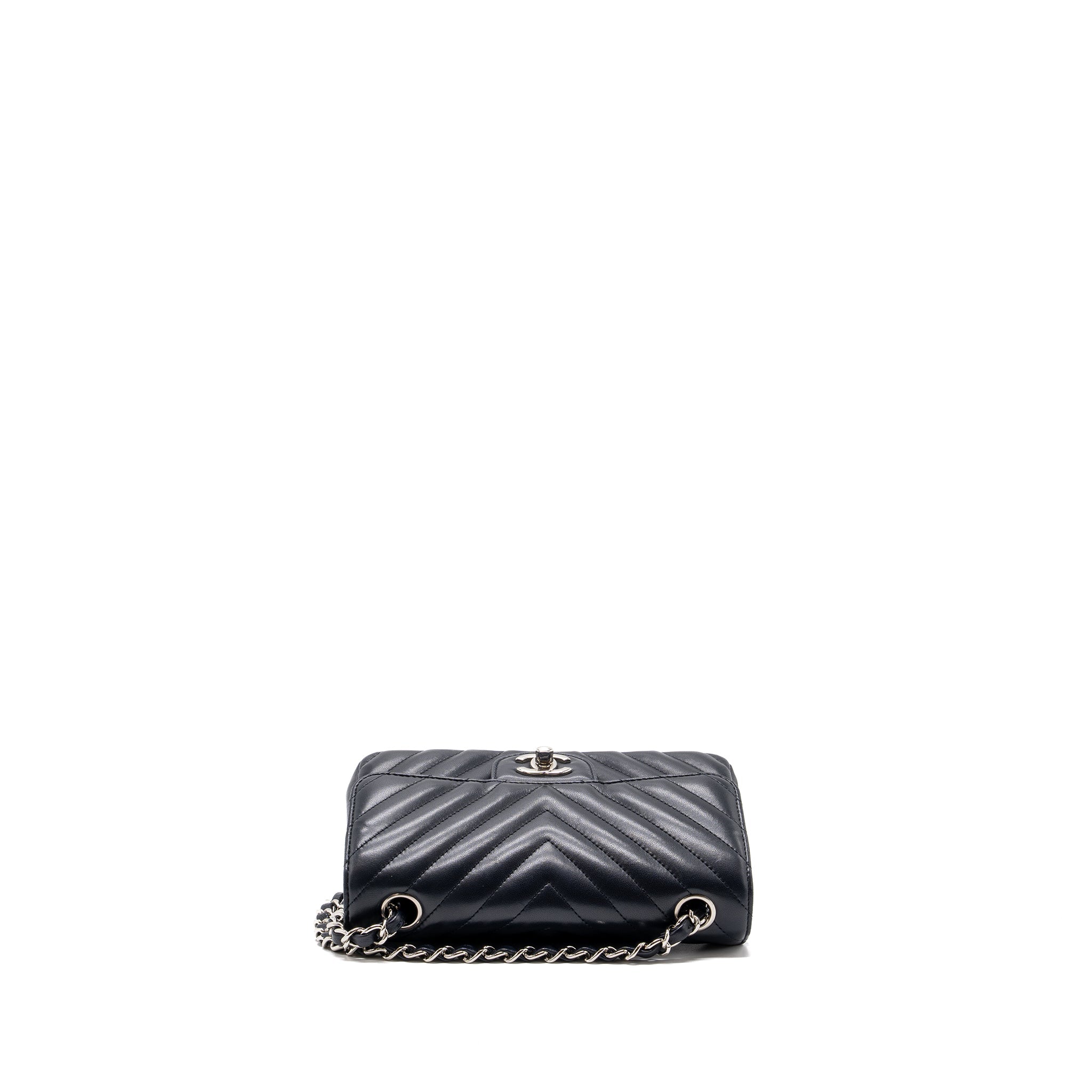 CHANEL MINI RECTANGULAR FLAP BAG CHEVRON LAMBSKIN NAVY SHW