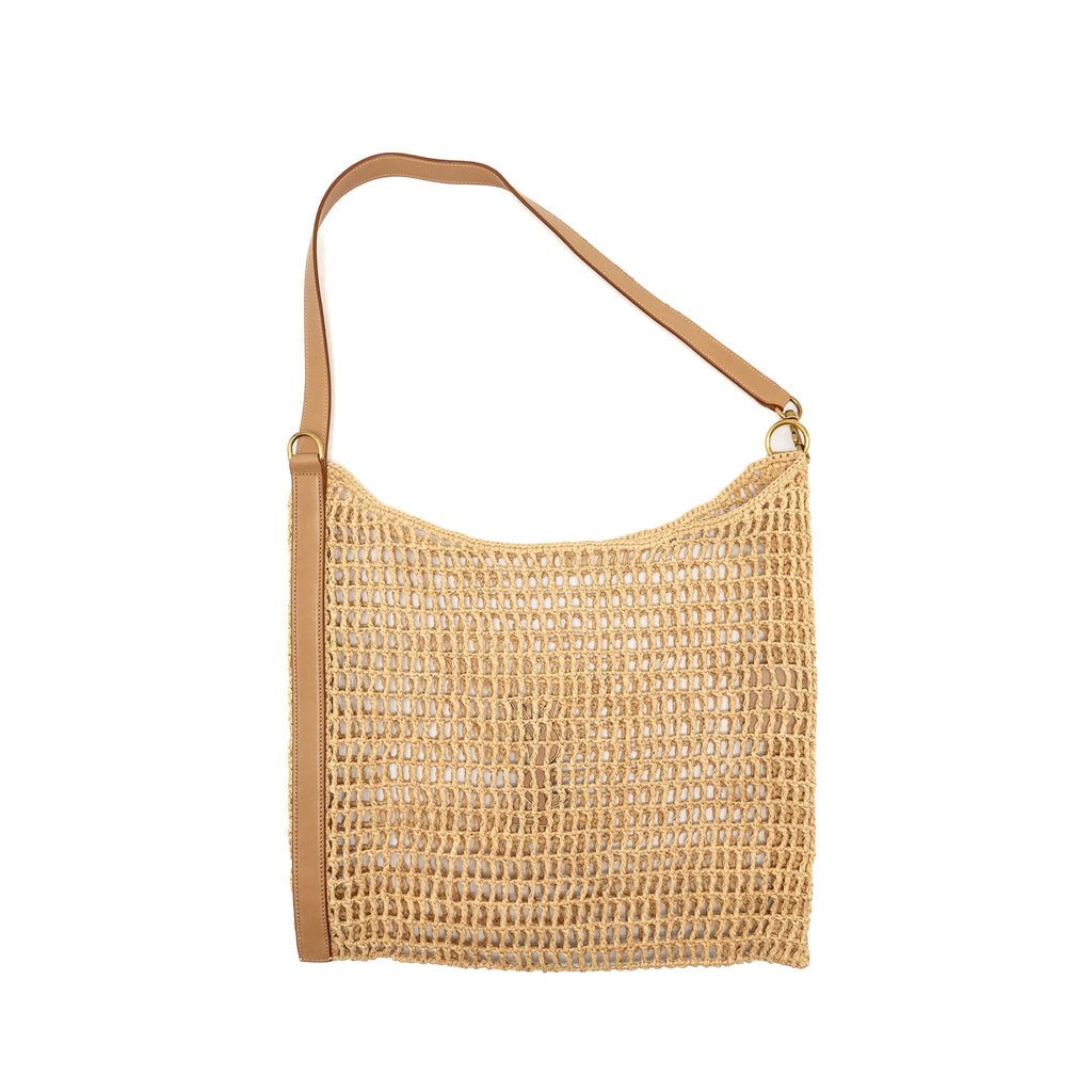 SAINT LAURENT/YSL OXALIS CROCHET SHOULDER BAG RIFFIA/LEATHER BEIGE GHW