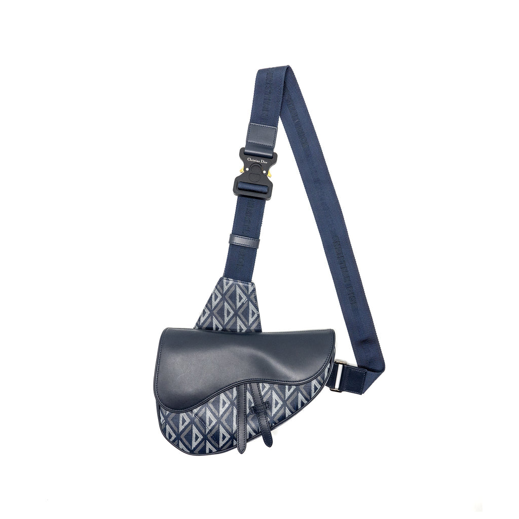 DIOR HOMME SADDLE BAG CD DIAMOND CANVAS/SMOOTH CALFSKIN NAVY BLUE SHW