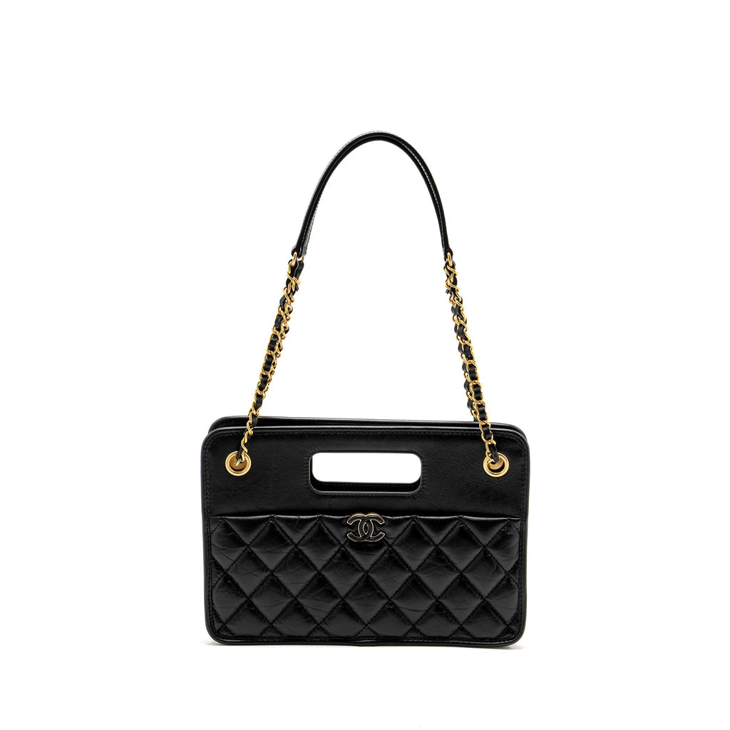 CHANEL 23S CLUTCH BAG WITH CHAIN CALFSKIN BLACK BRUSH GHW (MICROCHIP)