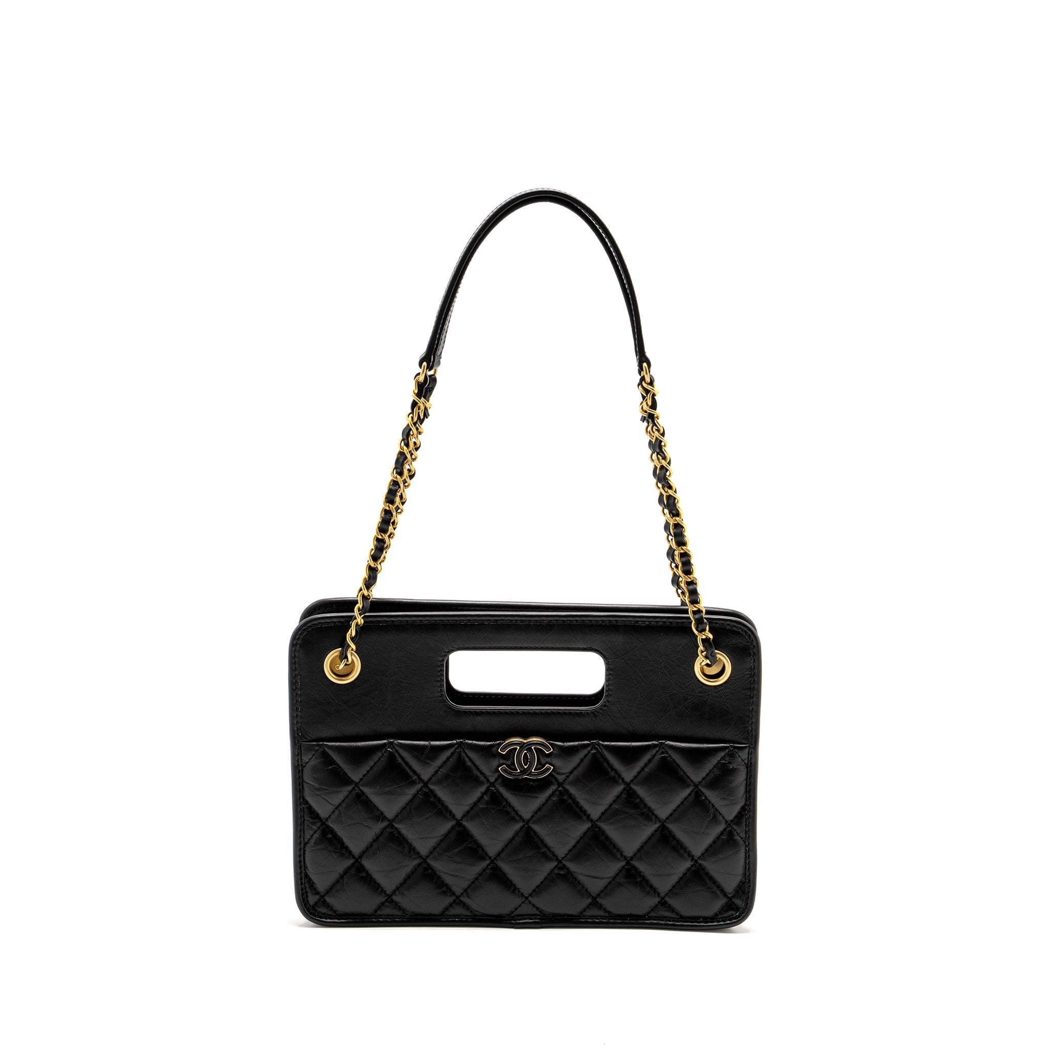 CHANEL 23S CLUTCH BAG WITH CHAIN CALFSKIN BLACK BRUSH GHW (MICROCHIP)