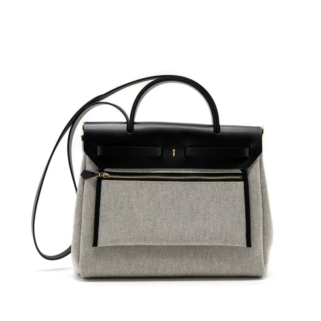 HERMES HERBAG 31 ZIP BAG TOILE H PLUME CANVAS / HUNTER LEATHER BLACK / ECRU GHW