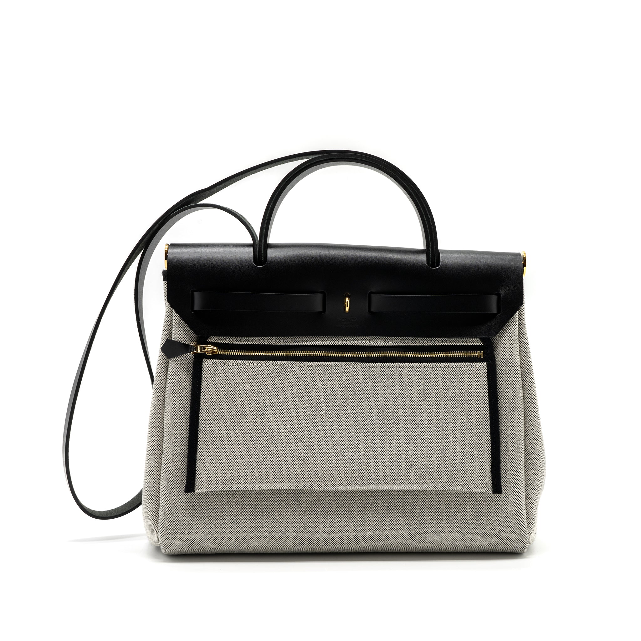 HERMES HERBAG 31 ZIP BAG TOILE H PLUME CANVAS / HUNTER LEATHER BLACK / ECRU GHW