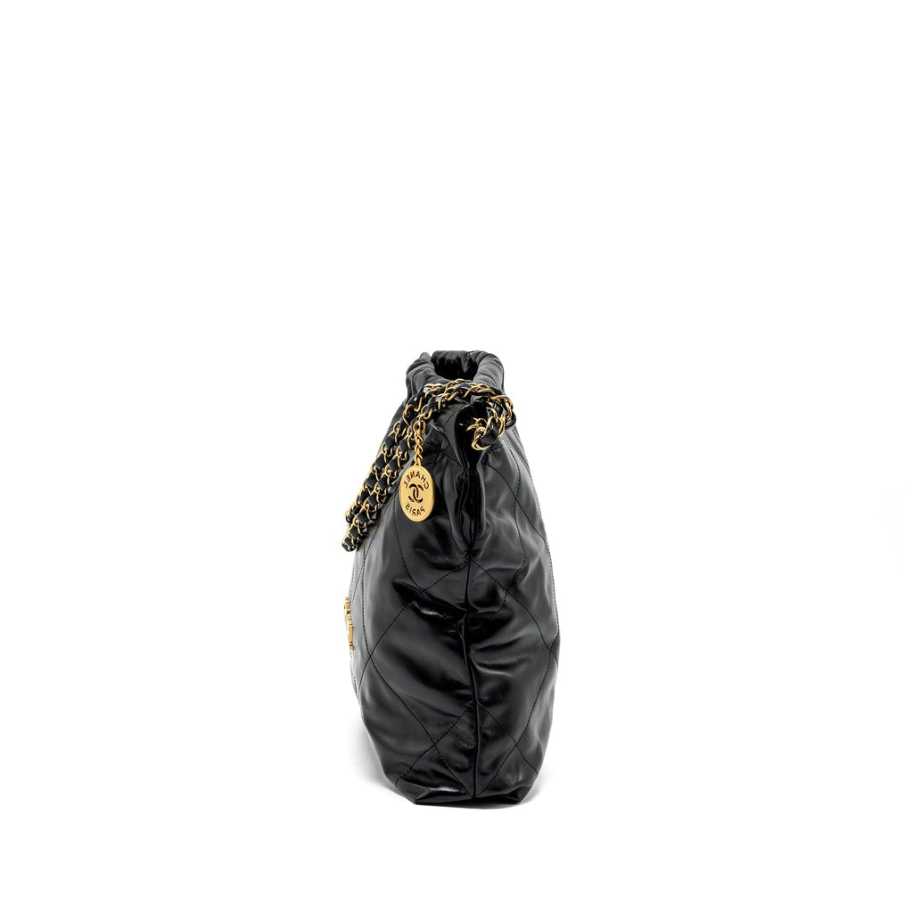 CHANEL SMALL 22 BAG GOLD LETTER SHINY CALFSKIN BLACK GHW (MICROCHIP)