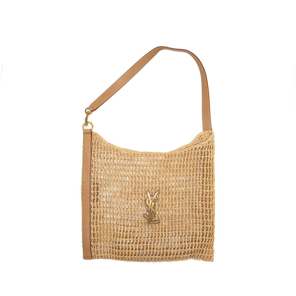 SAINT LAURENT/YSL OXALIS CROCHET SHOULDER BAG RIFFIA/LEATHER BEIGE GHW