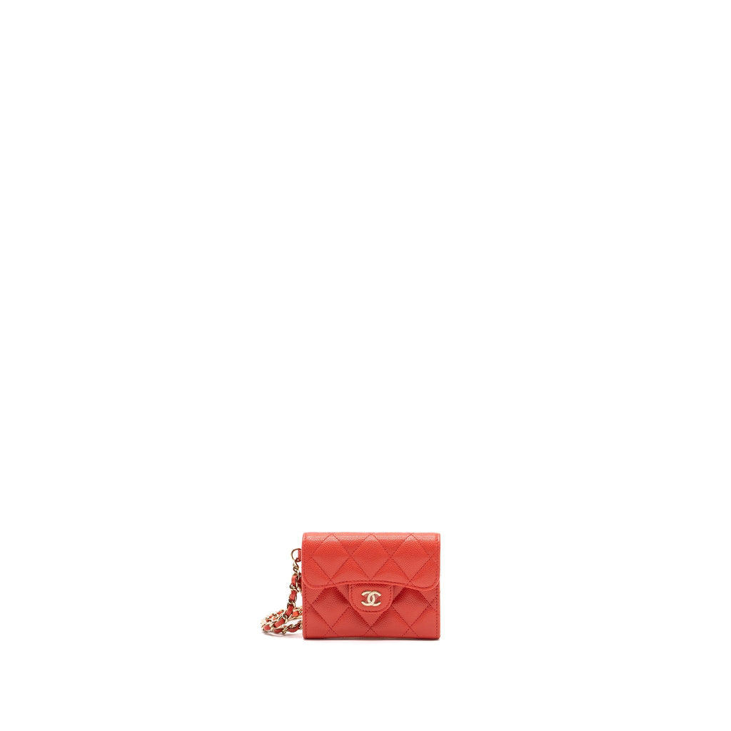CHANEL FLAP CARD HOLDER WITH CHAIN ON ONE SIDE CAVIAR CORAL PINK LGHW