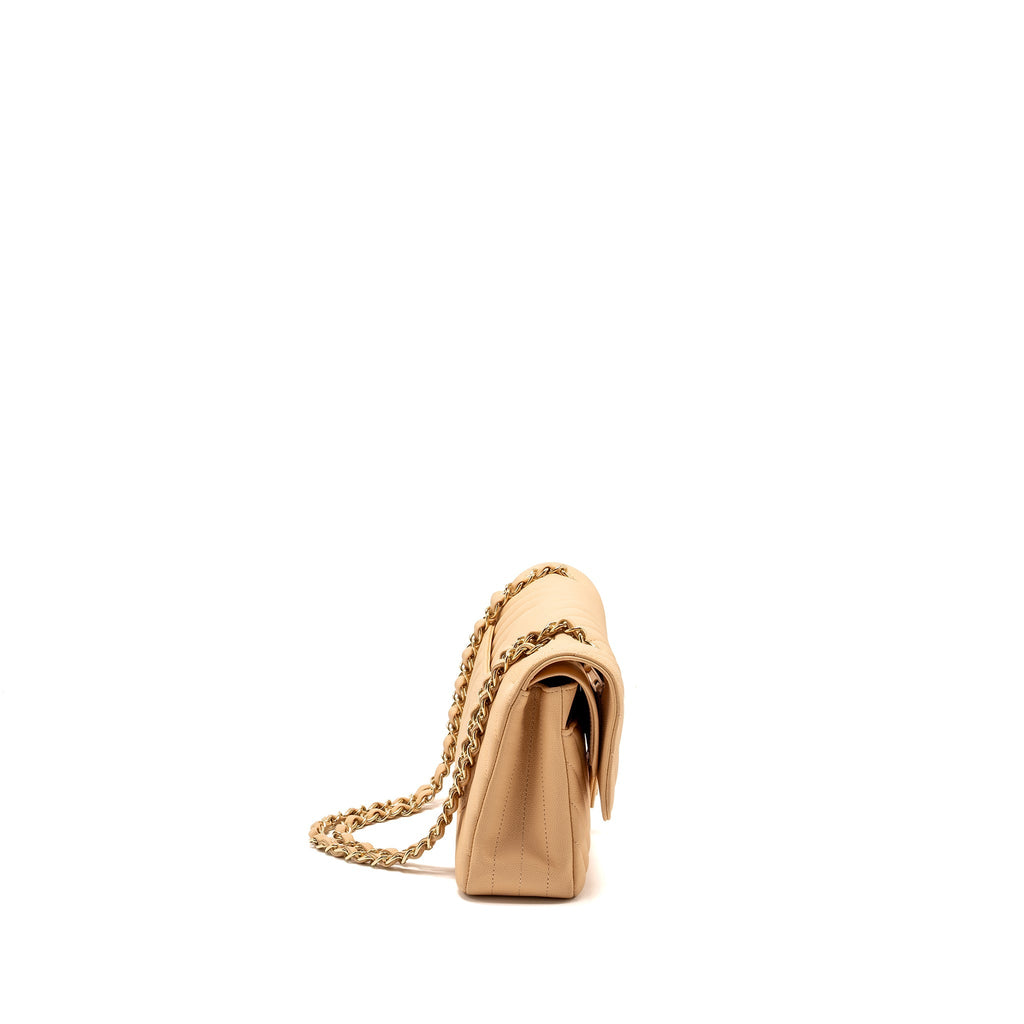 CHANEL MEDIUM CLASSIC DOUBLE FLAP BAG CHEVRON CAVIAR BEIGE LGHW