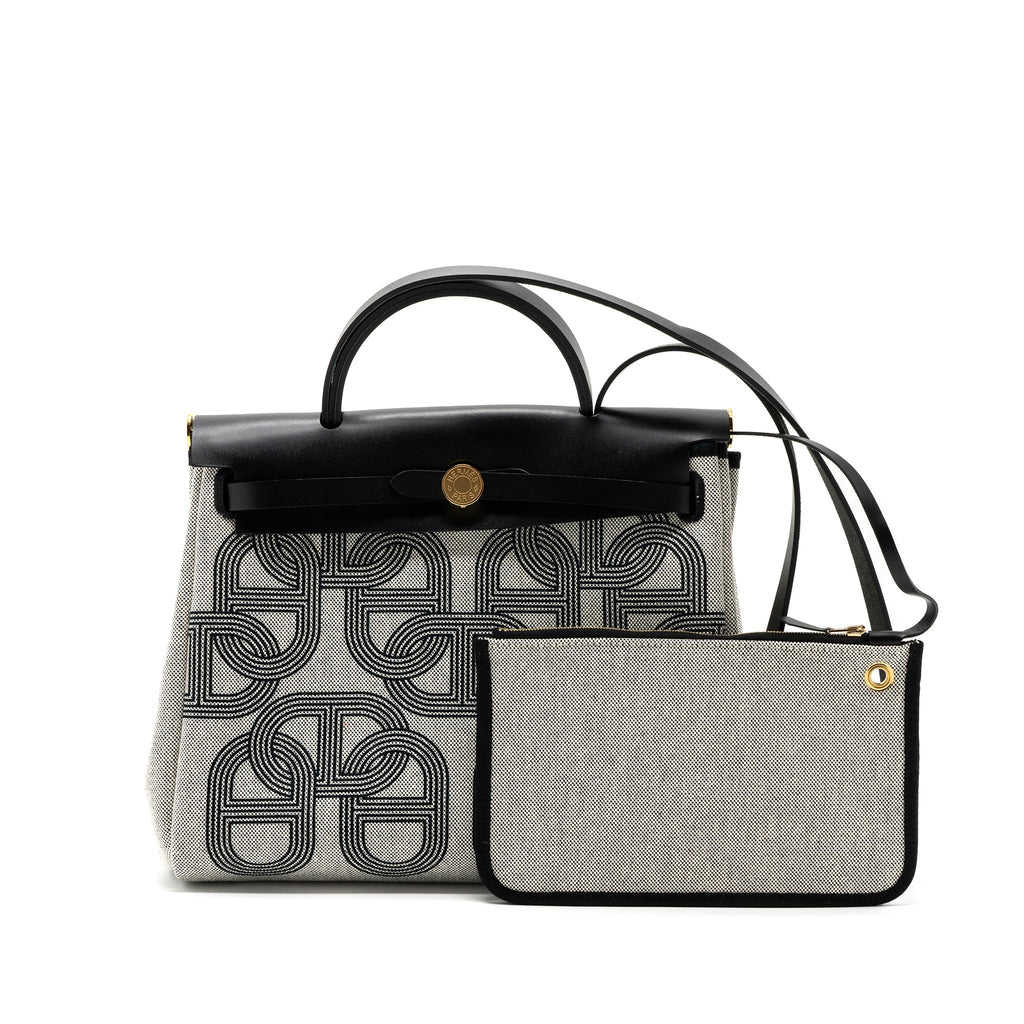 HERMES HERBAG 31 ZIP BAG TOILE H PLUME CANVAS / HUNTER LEATHER BLACK / ECRU GHW