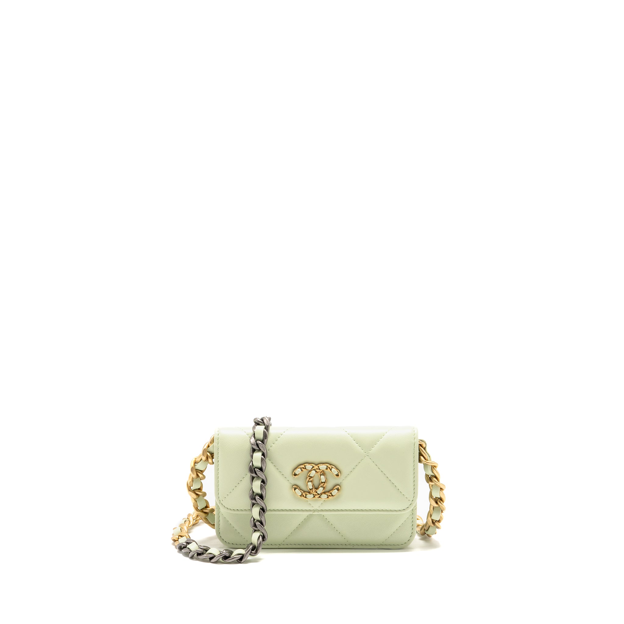CHANEL 19 MINI CLUTCH WITH CHAIN LAMBSKIN LIGHT GREEN MULTICOLOUR HARDWARE