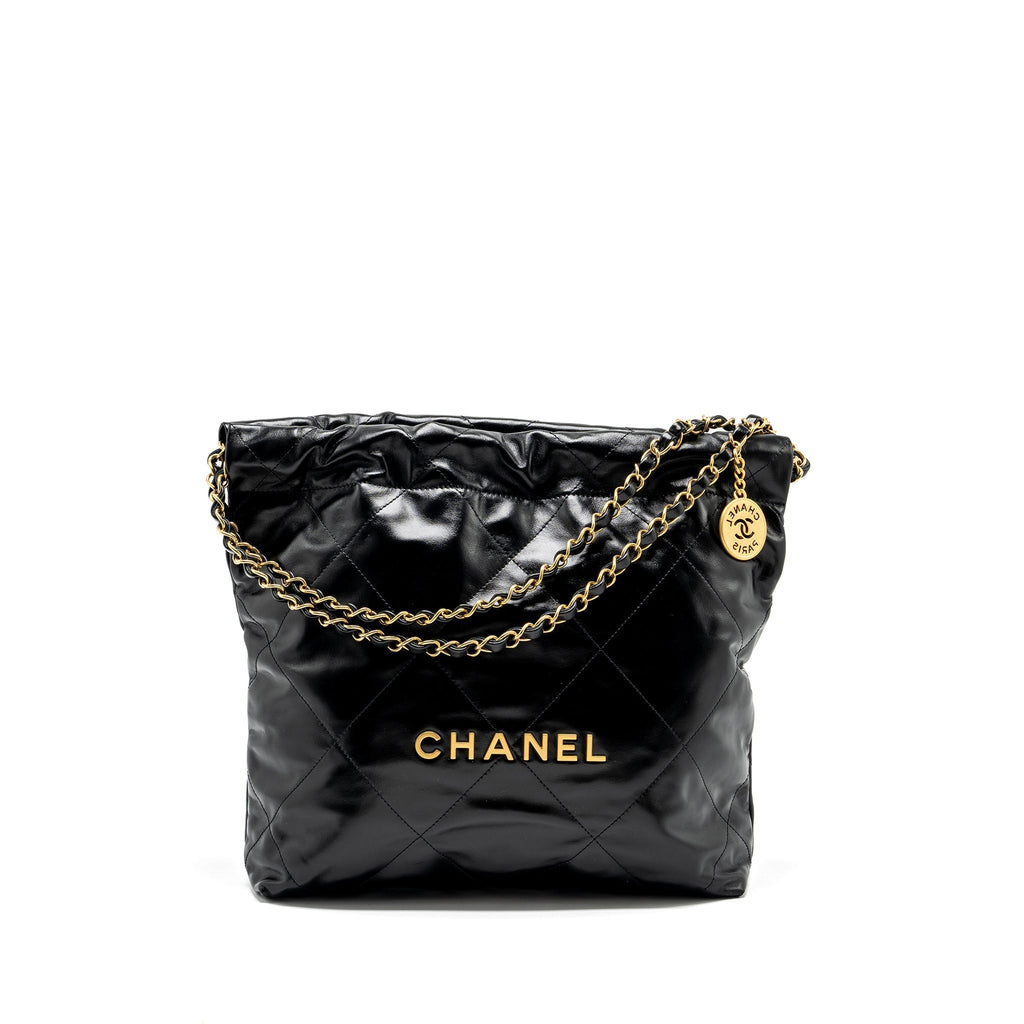 CHANEL SMALL 22 BAG GOLD LETTER SHINY CALFSKIN BLACK GHW (MICROCHIP)