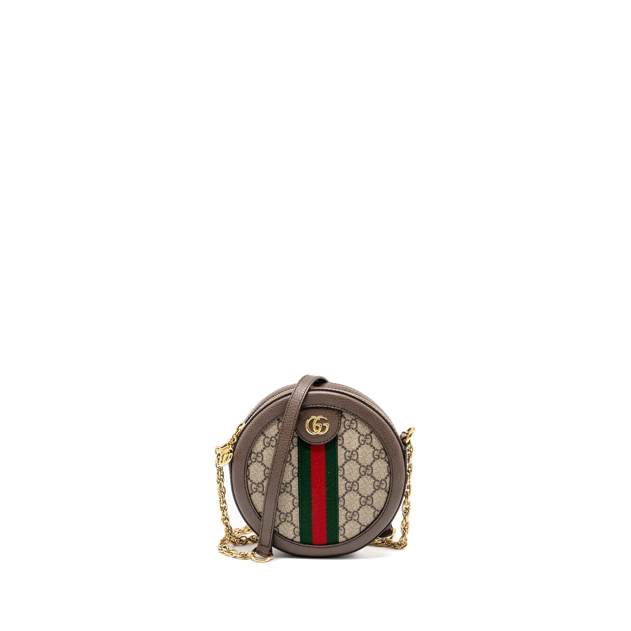 GUCCI OPHIDIA GG MINI ROUND SHOULDER BAG GG SUPREME CANVAS / BROWN GHW
