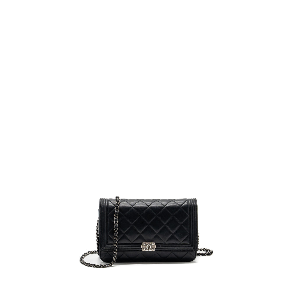 CHANEL BOY WALLET ON CHAIN LAMBSKIN BLACK RUTHENIUM HARDWARE