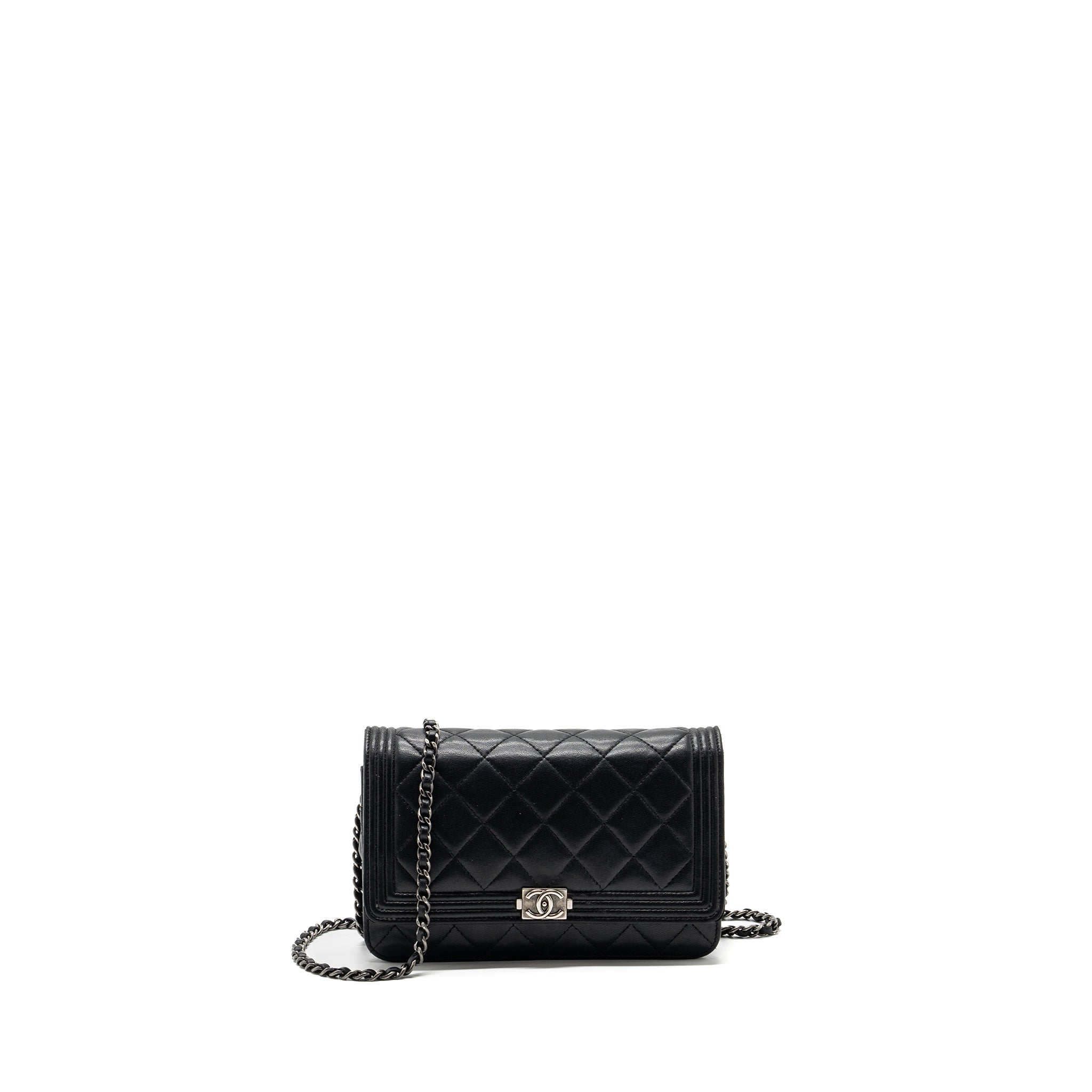 CHANEL BOY WALLET ON CHAIN LAMBSKIN BLACK RUTHENIUM HARDWARE