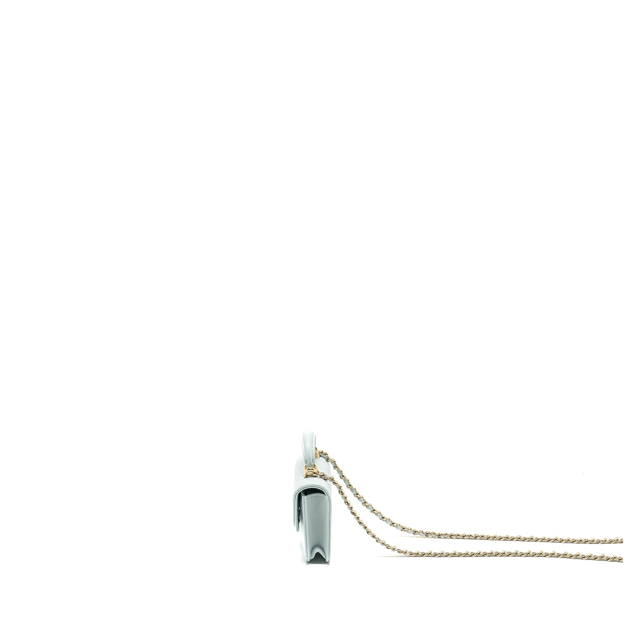 CHANEL TOP HANDLE MINI FLAP CLUTCH WITH CHAIN LAMBSKIN LIGHT BLUE LGHW