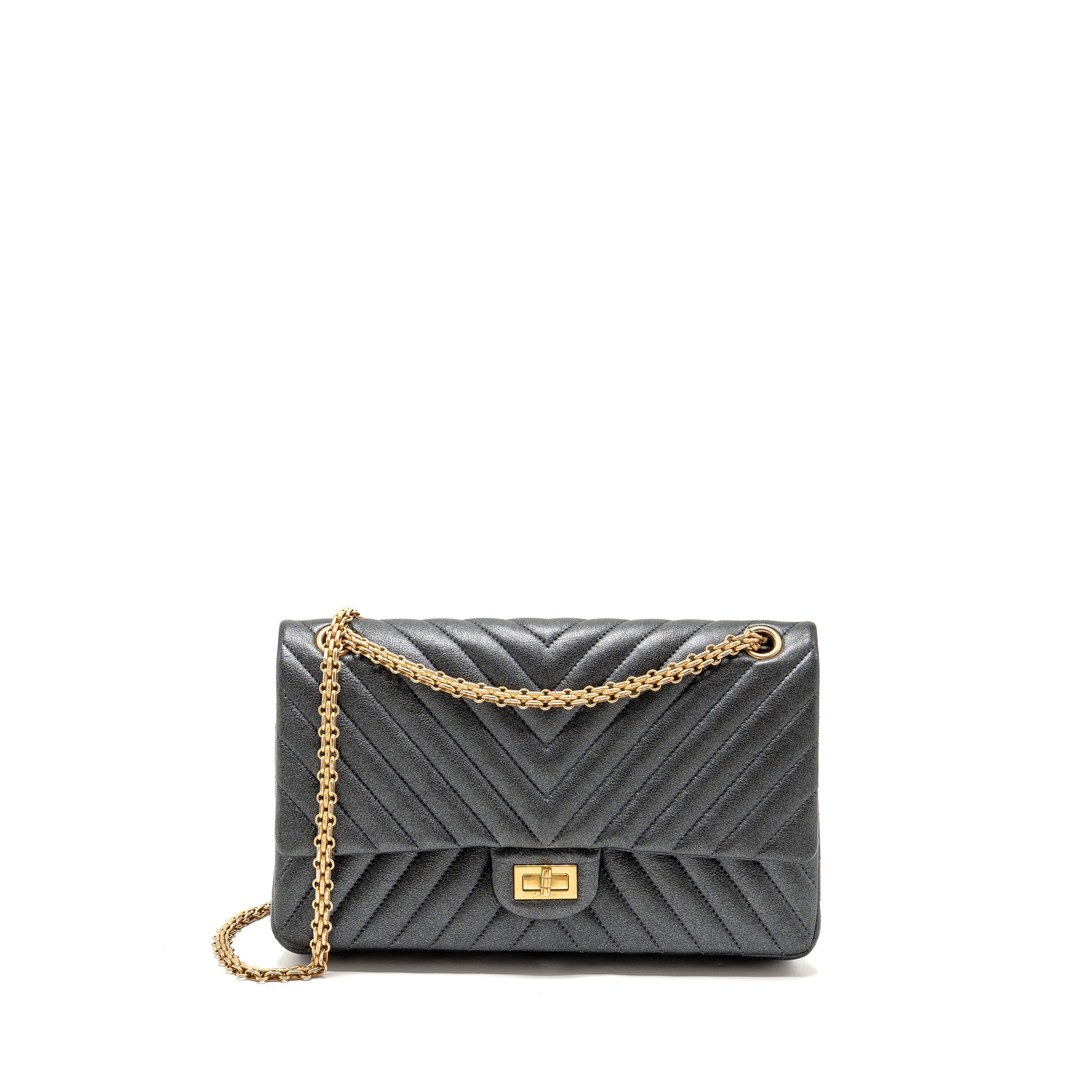 CHANEL LARGE 2.55 226 REISSUE DOUBLE FLAP BAG CHEVRON METALLIC CALFSKIN CHARCOAL GHW