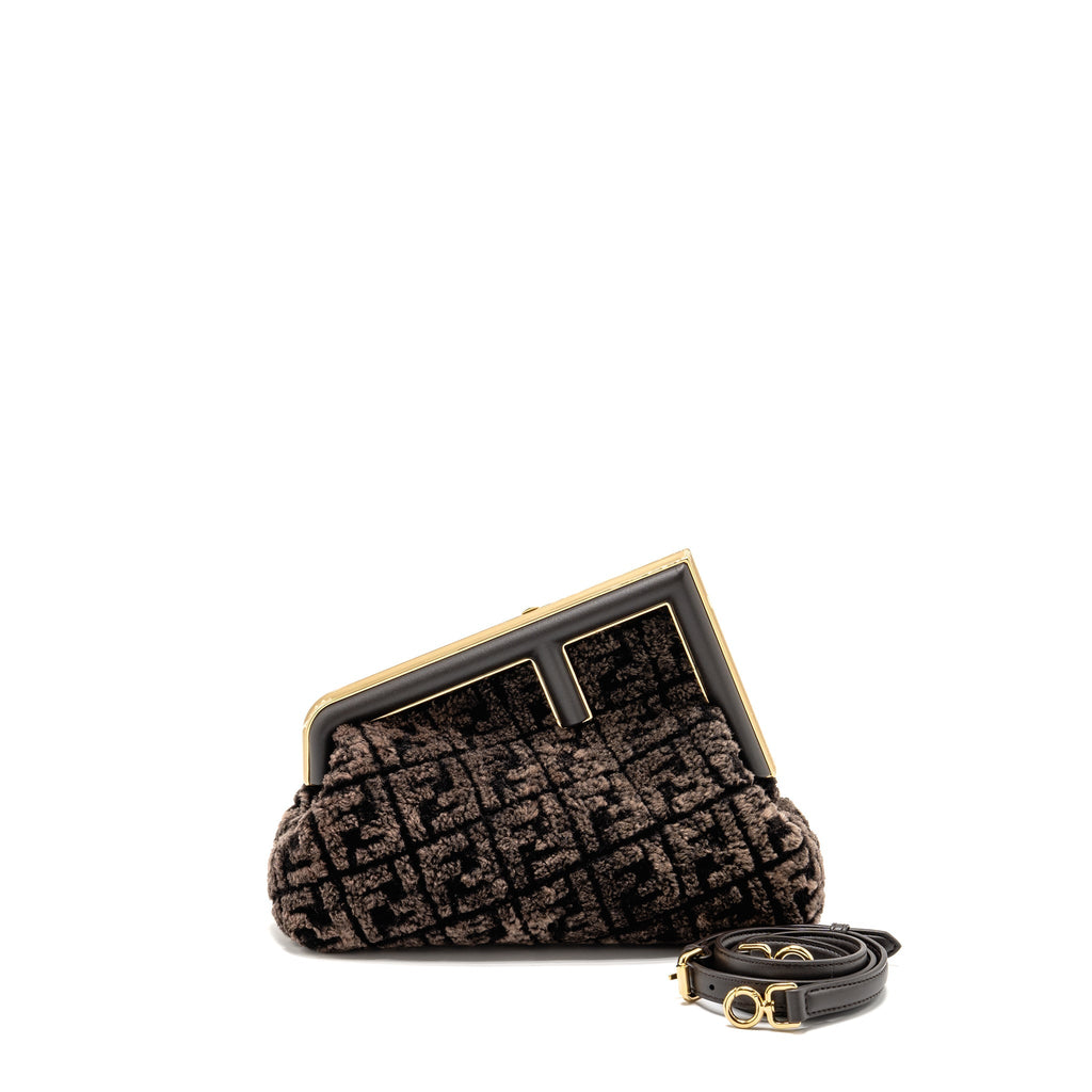 FENDI MEDIUM FENDI FIRST CLUTCH BAG SHEARLING BROWN GHW