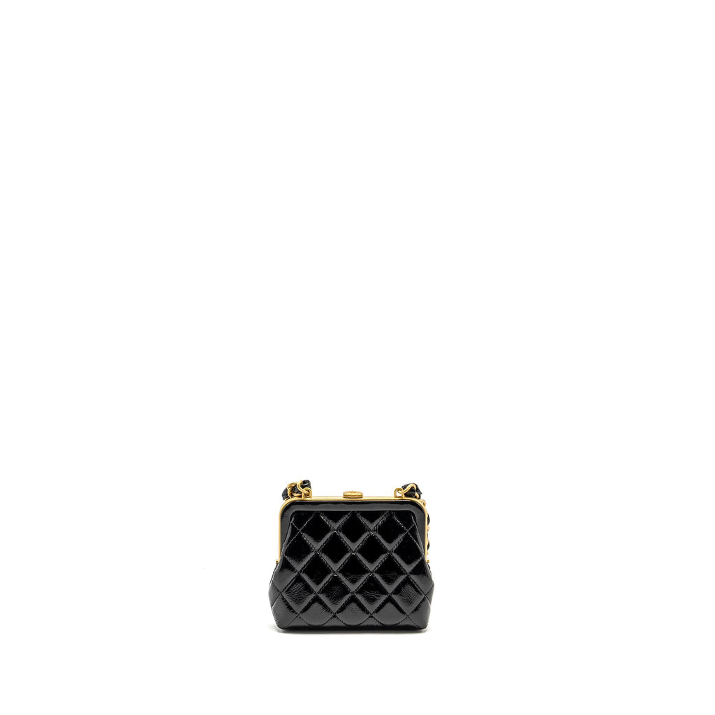 CHANEL 24A BOWKNOT CLUTCH WITH CHAIN PATENT CRUMPLED LAMBSKIN/SHINY LAMBSKIN BLACK/PINK GHW (MICROCHIP)