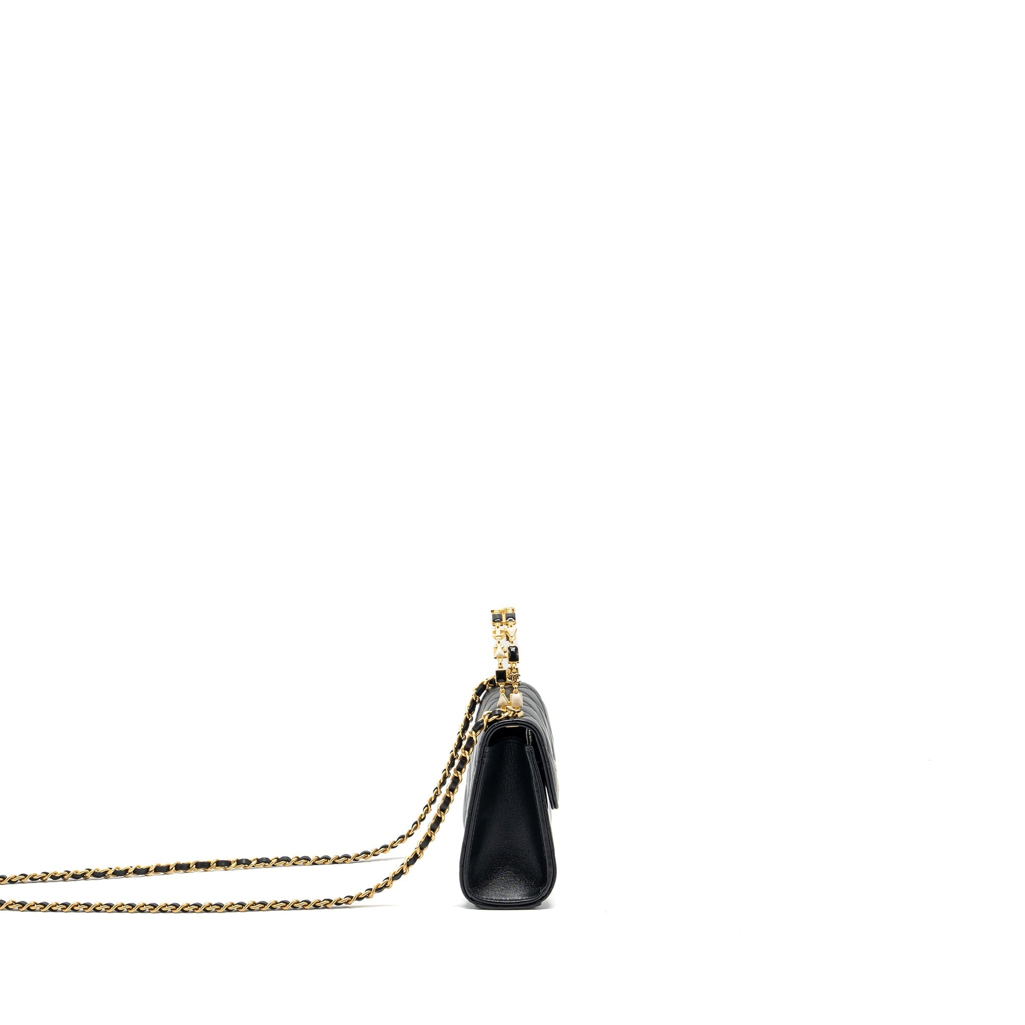 CHANEL 22B ENAMEL TOP HANDLE MINI FLAP BAG LAMBSKIN BLACK GHW (MICROCHIP)