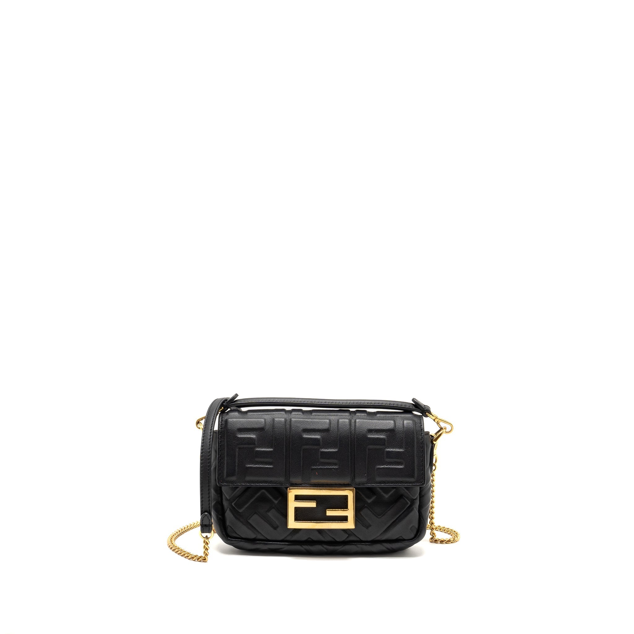 FENDI MINI BAGUETTE BAG FF MOTIF NAPPA LEATHER BLACK GHW