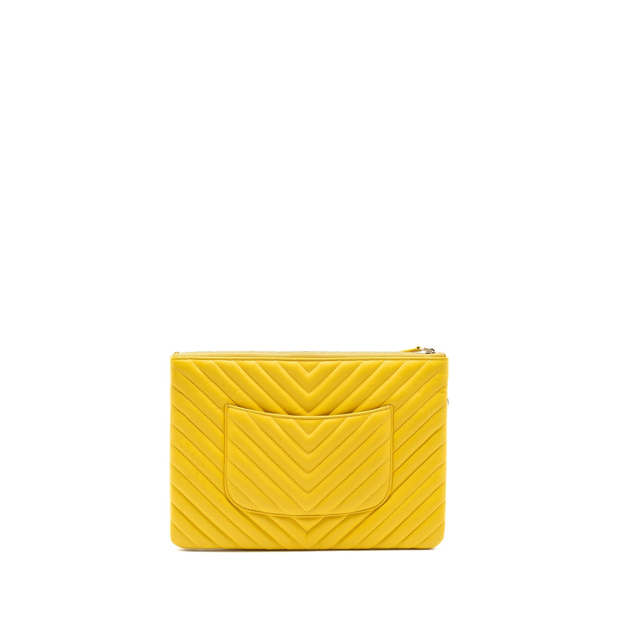 CHANEL CHEVRON ZIP POUCH / CLUTCH LAMBSKIN YELLOW LGHW