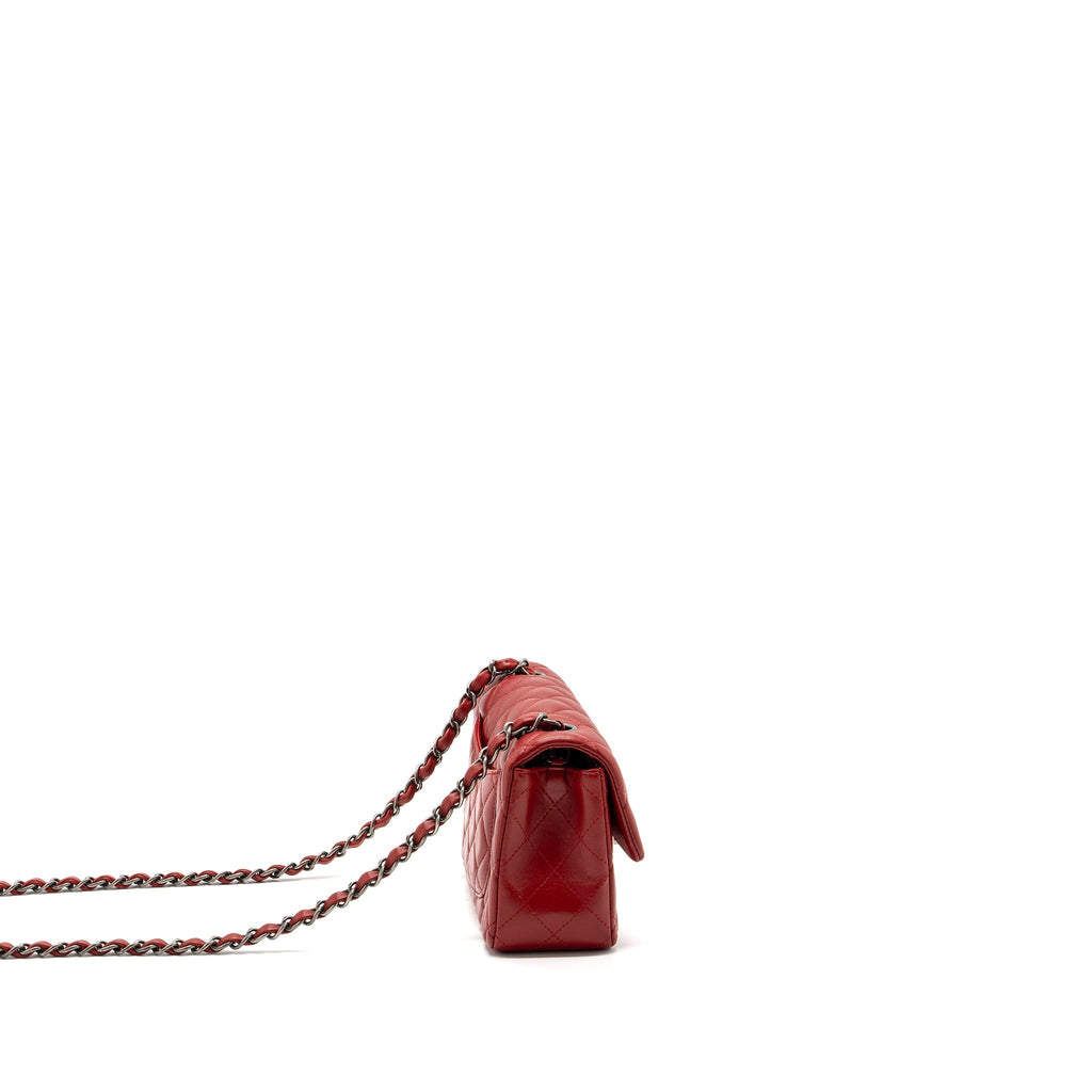 CHANEL CLASSIC MINI RECTANGULAR FLAP BAG LAMBSKIN RED RUTHENIUM HARDWARE