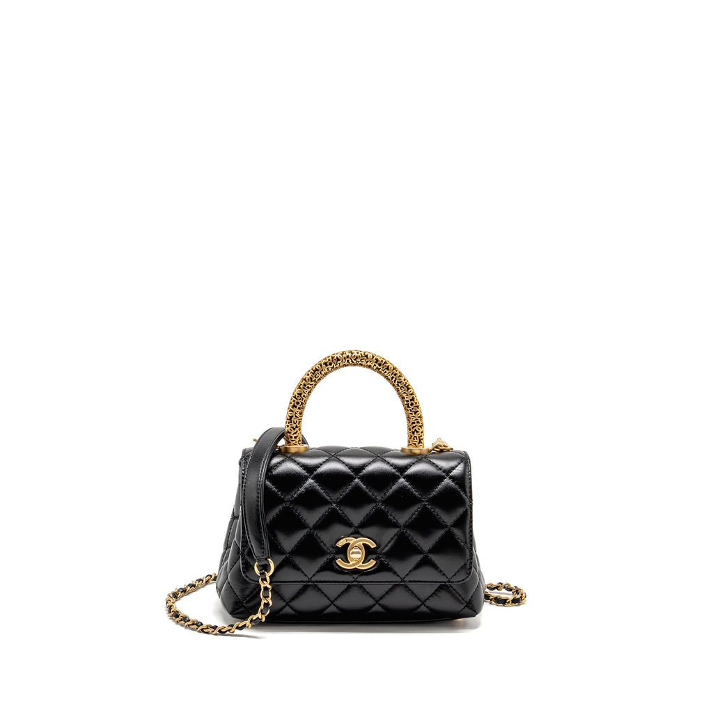 CHANEL DETAILED METAL TOP HANDLE MINI COCO HANDLE FLAP BAG SHINY CALFSKIN BLACK GHW (MICROCHIP)