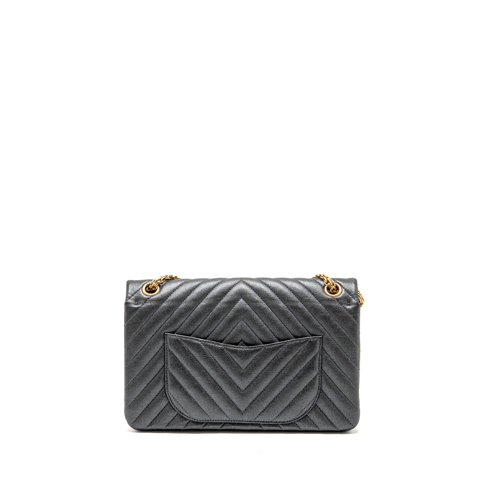 CHANEL LARGE 2.55 226 REISSUE DOUBLE FLAP BAG CHEVRON METALLIC CALFSKIN CHARCOAL GHW