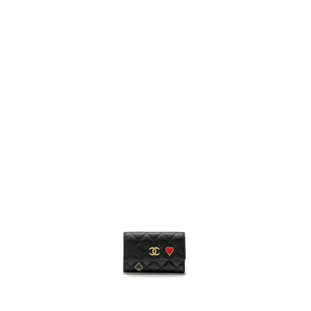 CHANEL QUILTED FLAP CARD HOLDER WITH HEART CHARM CAVIAR BLACK GHW (MICROCHIP)