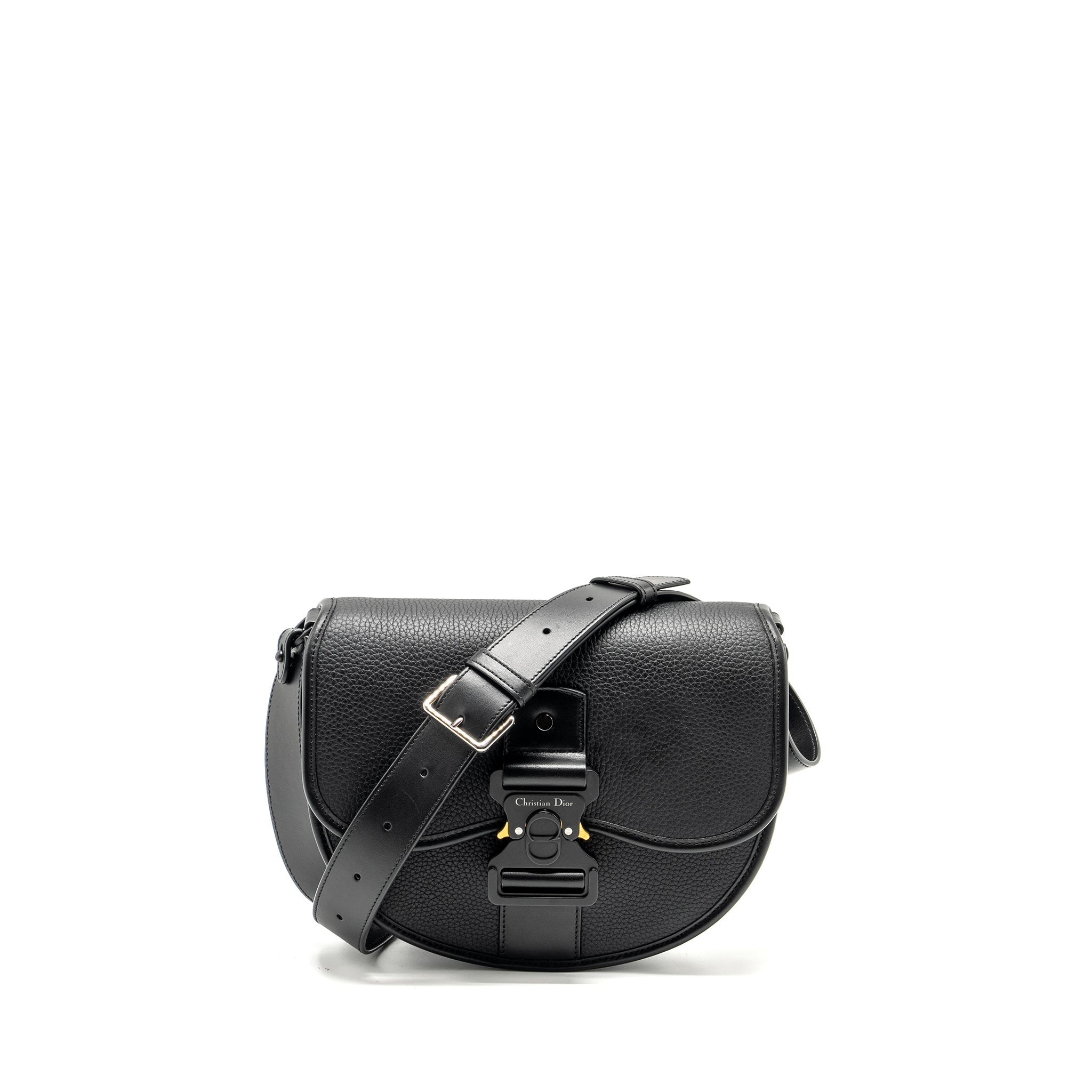 DIOR LARGE GALLOP BAG WITH STRAP GRAINED SMOOTH CALFSKIN BLACK SILVER/GOLD HARDWARE
