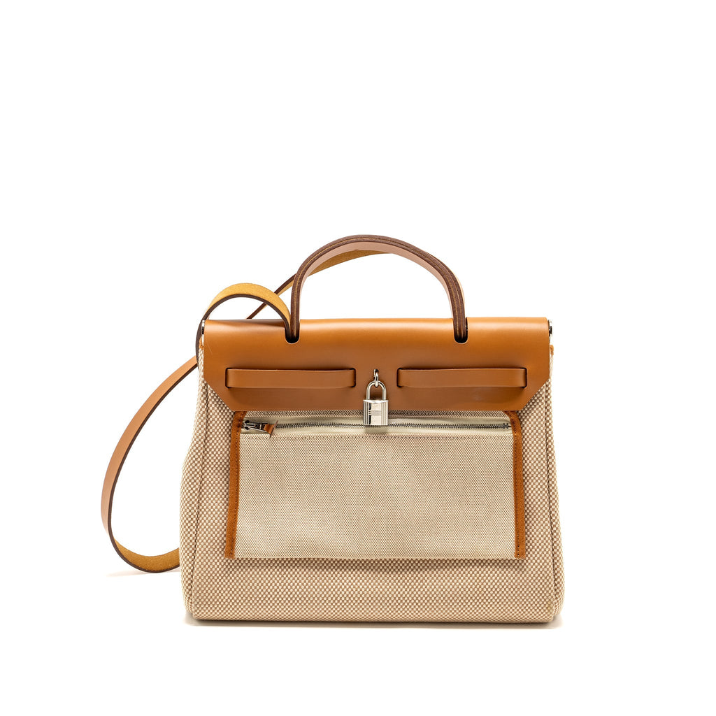 HERMES HERBAG 31 ZIP BAG CANVAS / HUNTER ECRU BEIGE / NATURAL SABLE SHW