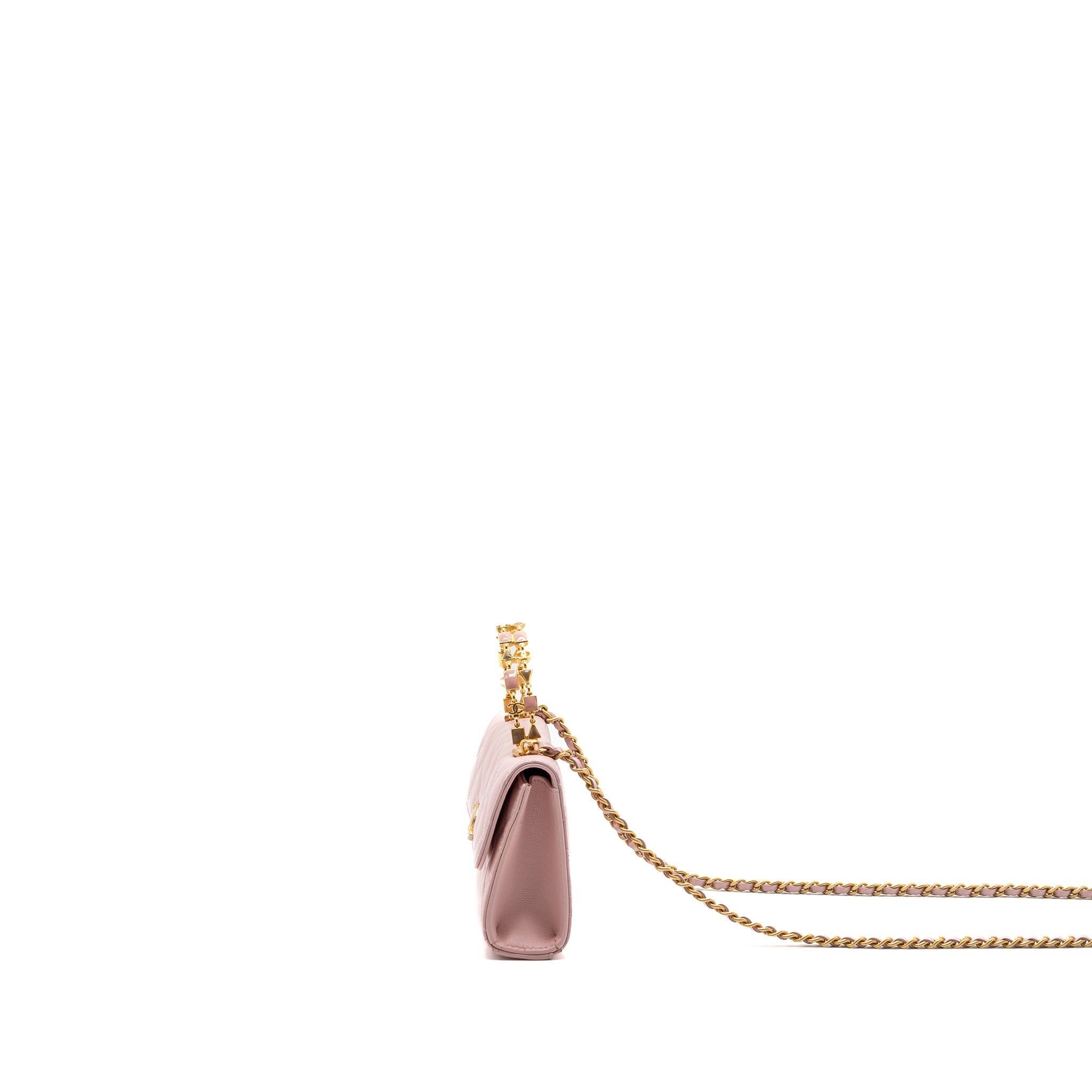 CHANEL 22B FLAP BAG WITH ENAMEL TOP HANDLE LAMBSKIN LIGHT PINK GHW (MICROCHIP)