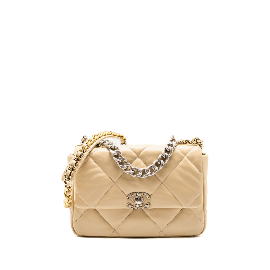 CHANEL LARGE 19 BAG LAMBSKIN LIGHT BEIGE MULTICOLOUR HARDWARE (MICROCHIP)