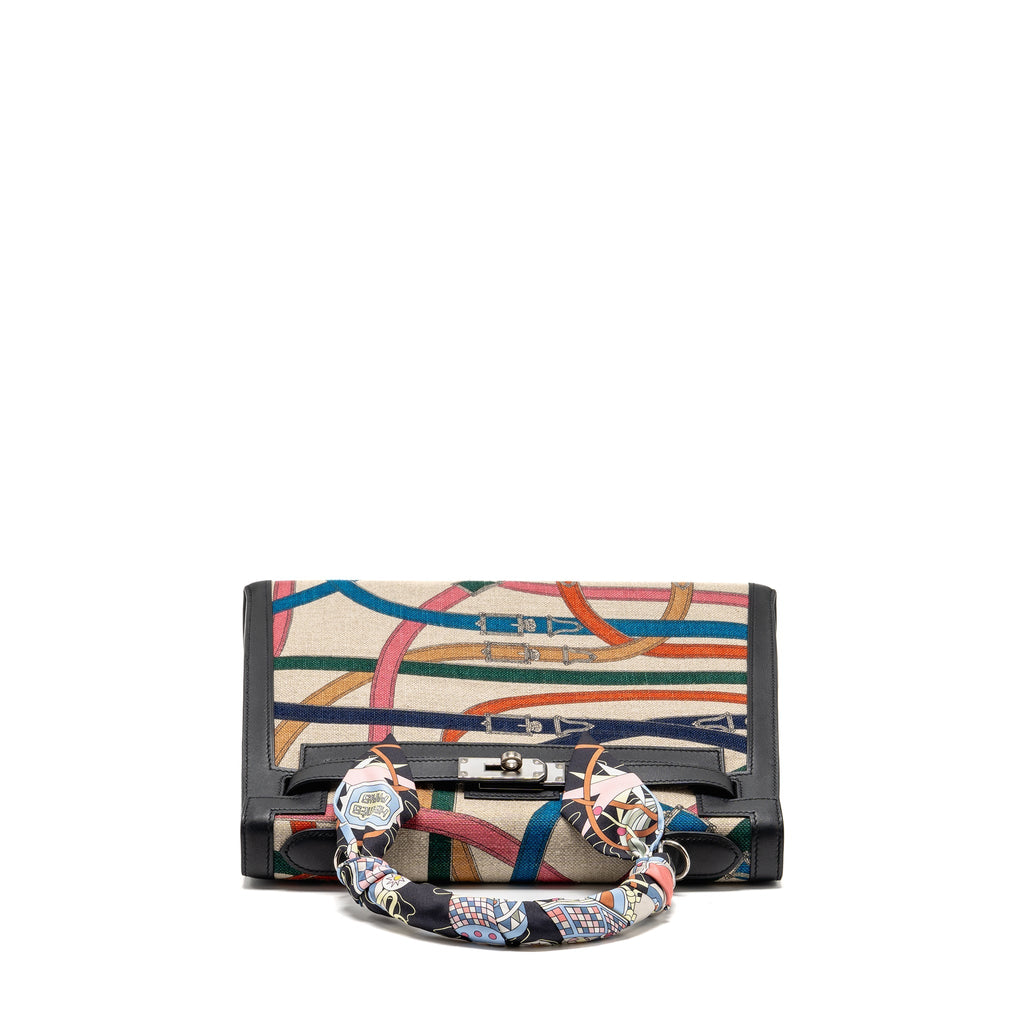 HERMES KELLY 32 LIMITED EDITION TOILE DE WASHED CANVAS / SWIFT LEATHER BLACK / CAVALCADOUR PRINT SHW