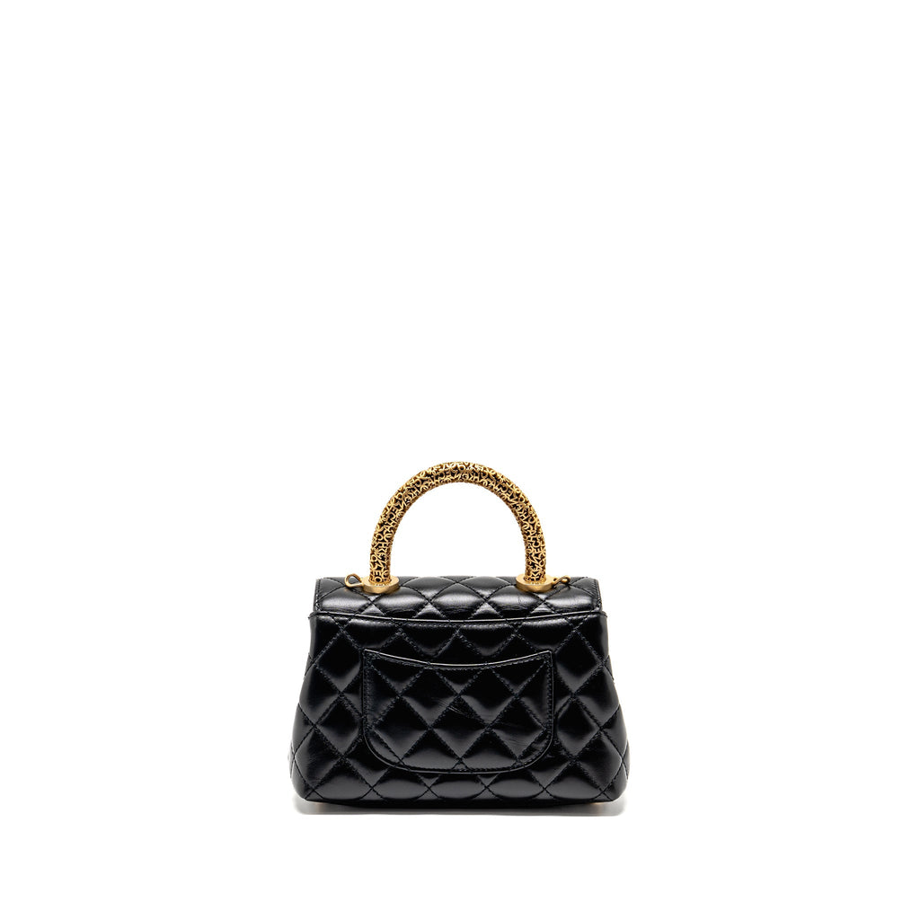 CHANEL DETAILED METAL TOP HANDLE MINI COCO HANDLE FLAP BAG SHINY CALFSKIN BLACK GHW (MICROCHIP)
