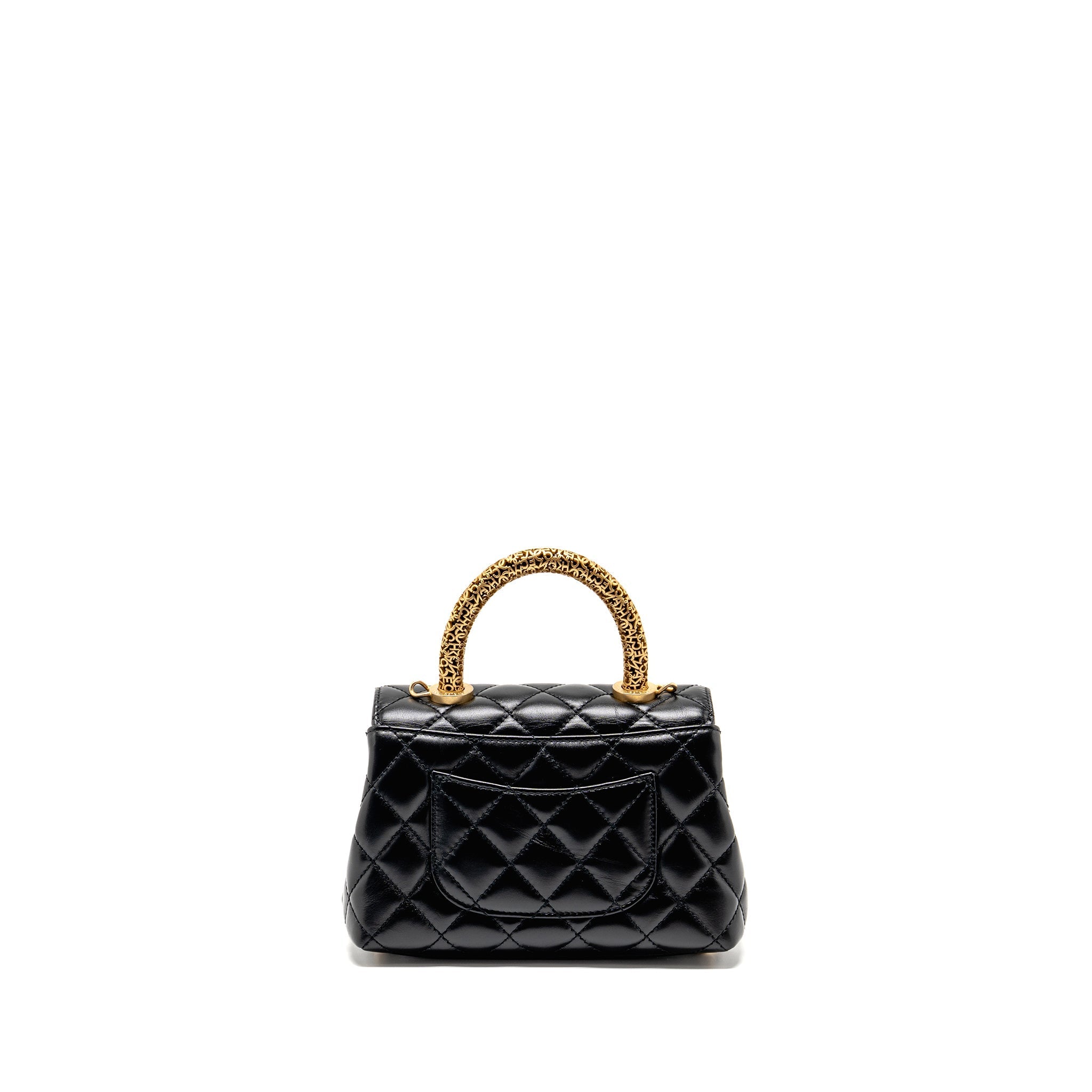 CHANEL DETAILED METAL TOP HANDLE MINI COCO HANDLE FLAP BAG SHINY CALFSKIN BLACK GHW (MICROCHIP)