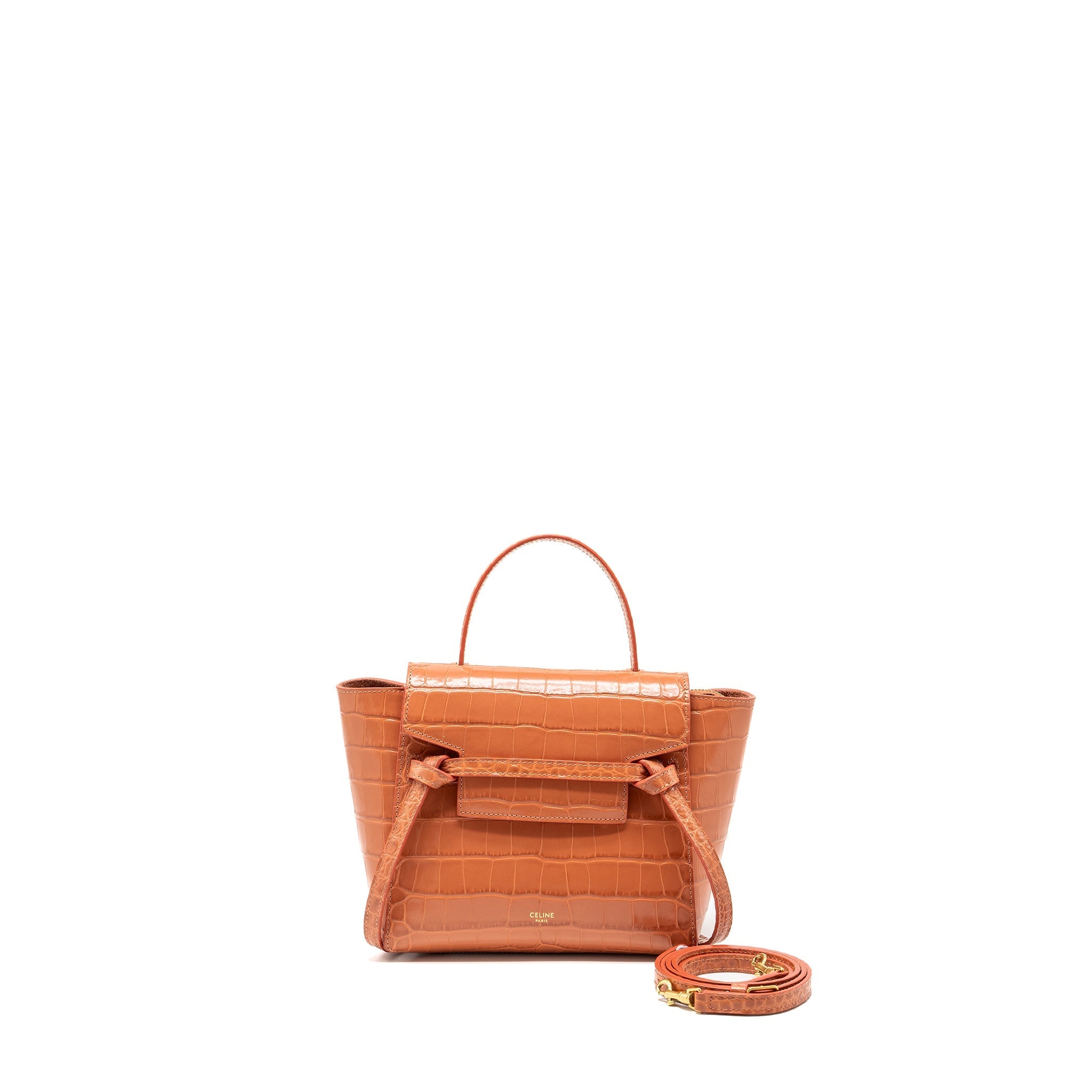 CELINE NANO BELT BAG CROC EMBOSSED CALFSKIN LYCHEE PINK GHW