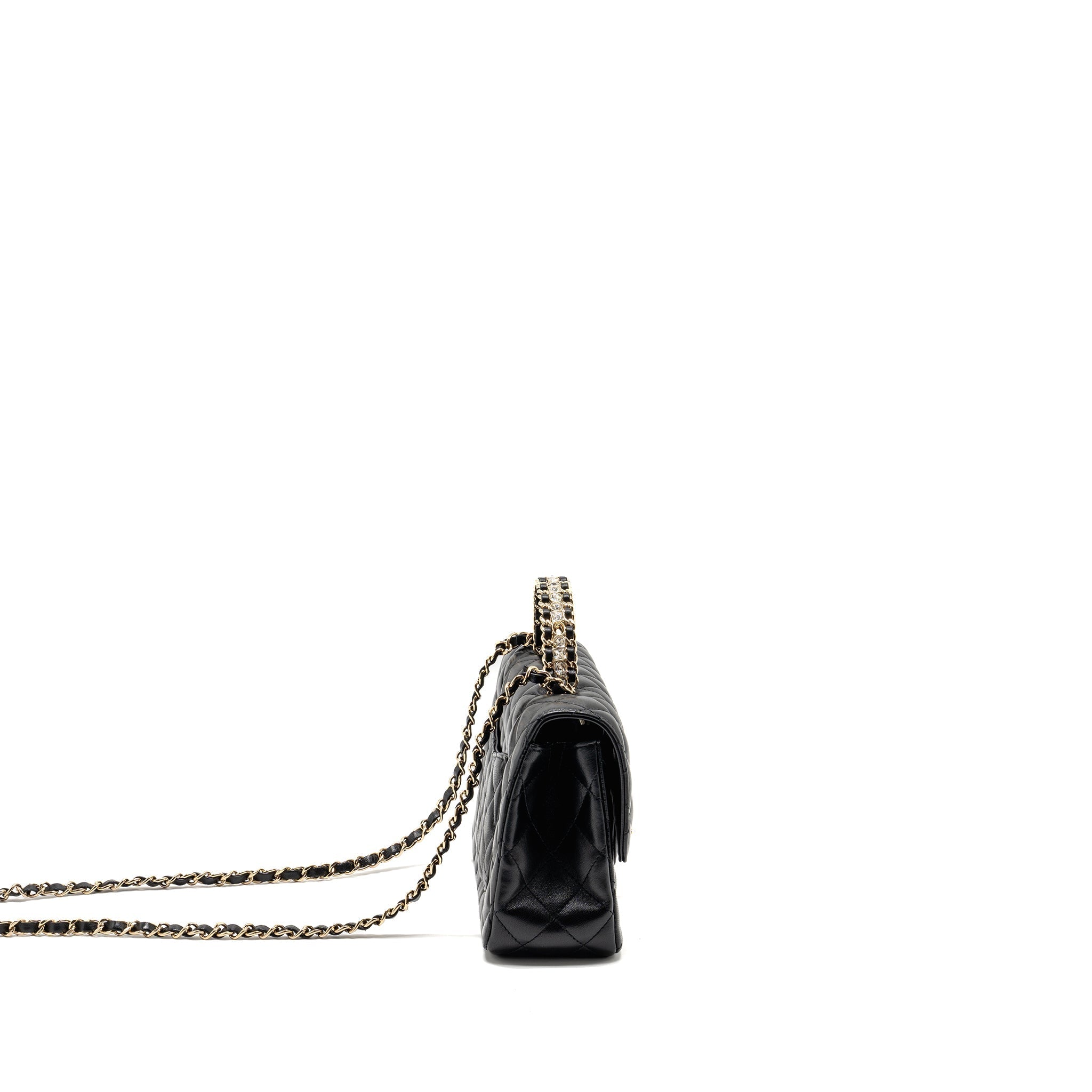 CHANEL 23A CRYSTAL TOP HANDLE FLAP BAG SHINY LAMBSKIN BLACK LGHW(MICROCHIP)