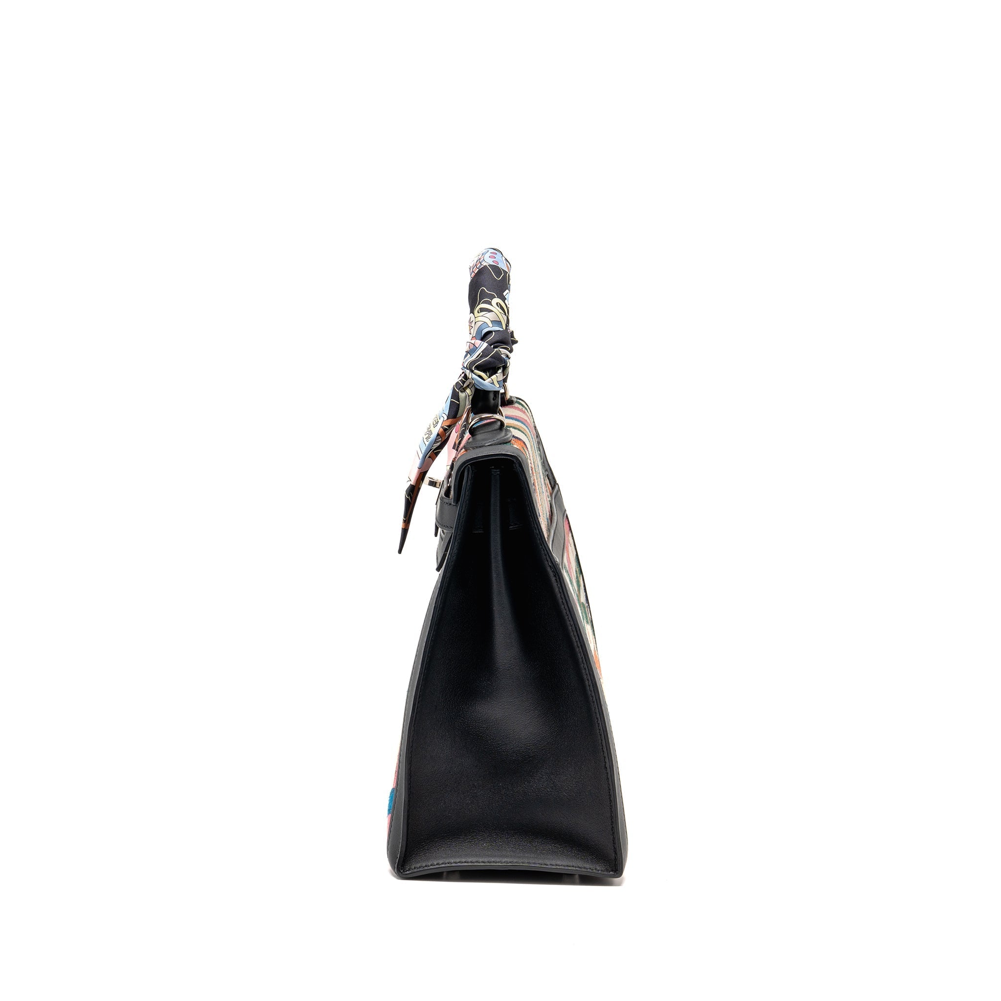 HERMES KELLY 32 LIMITED EDITION TOILE DE WASHED CANVAS / SWIFT LEATHER BLACK / CAVALCADOUR PRINT SHW