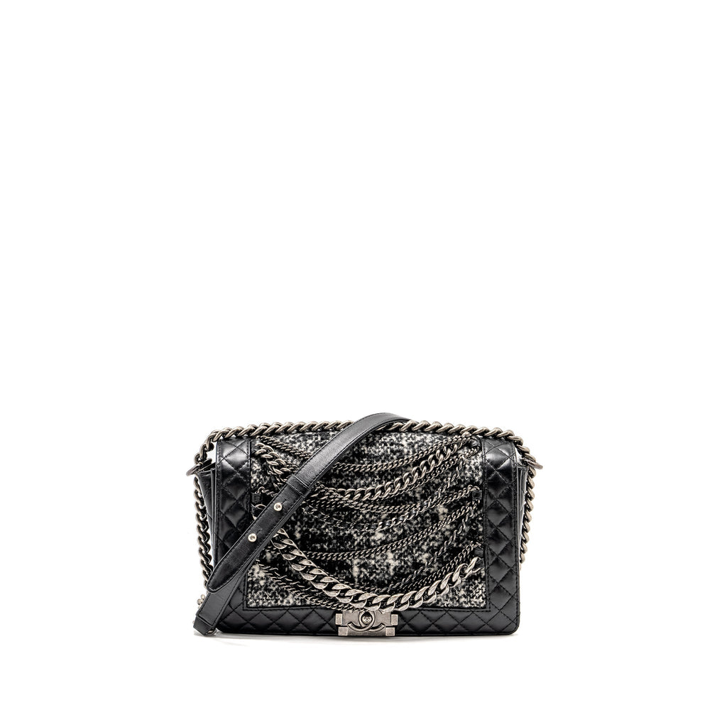 CHANEL MULTI CHAIN BOY BAG CALFSKIN/TWEED BLACK SHW