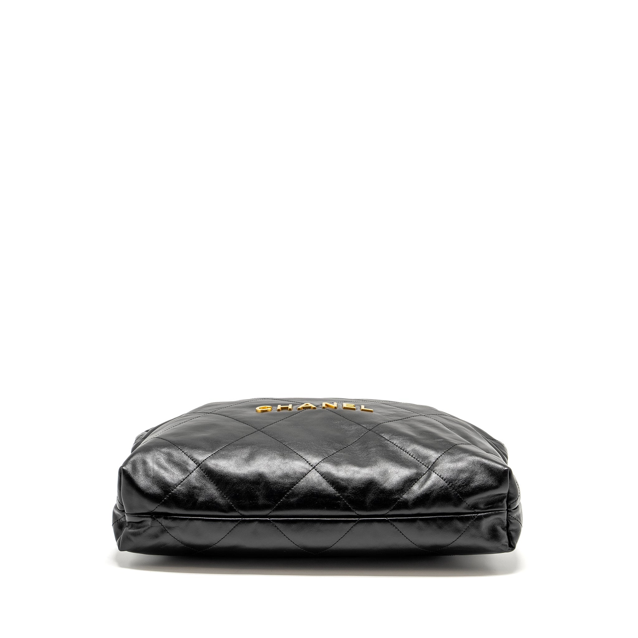 CHANEL MEDIUM 22 BAG GOLD LETTER SHINY CALFSKIN BLACK GHW (MICROCHIP)