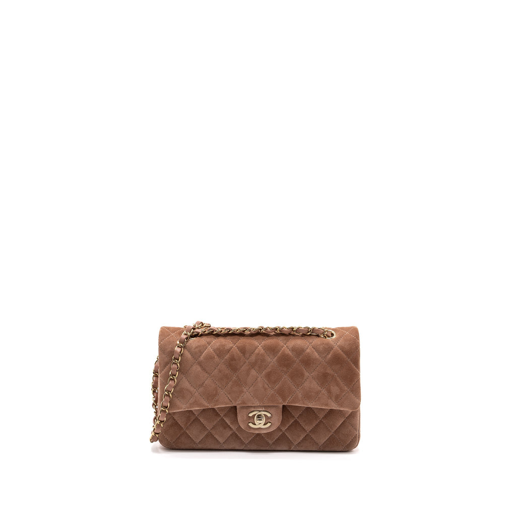CHANEL MEDIUM CLASSIC DOUBLE FLAP BAG SUEDE LEATHER LIGHT BROWN LGHW (MICROCHIP )