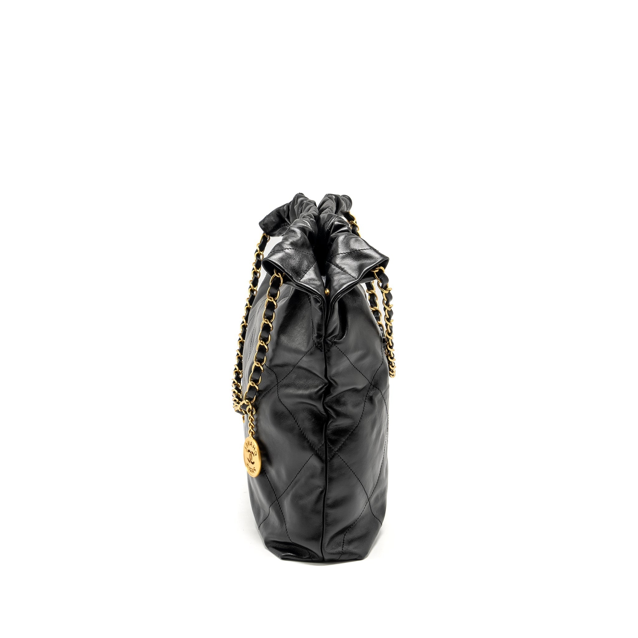 CHANEL MEDIUM 22 BAG GOLD LETTER SHINY CALFSKIN BLACK GHW (MICROCHIP)