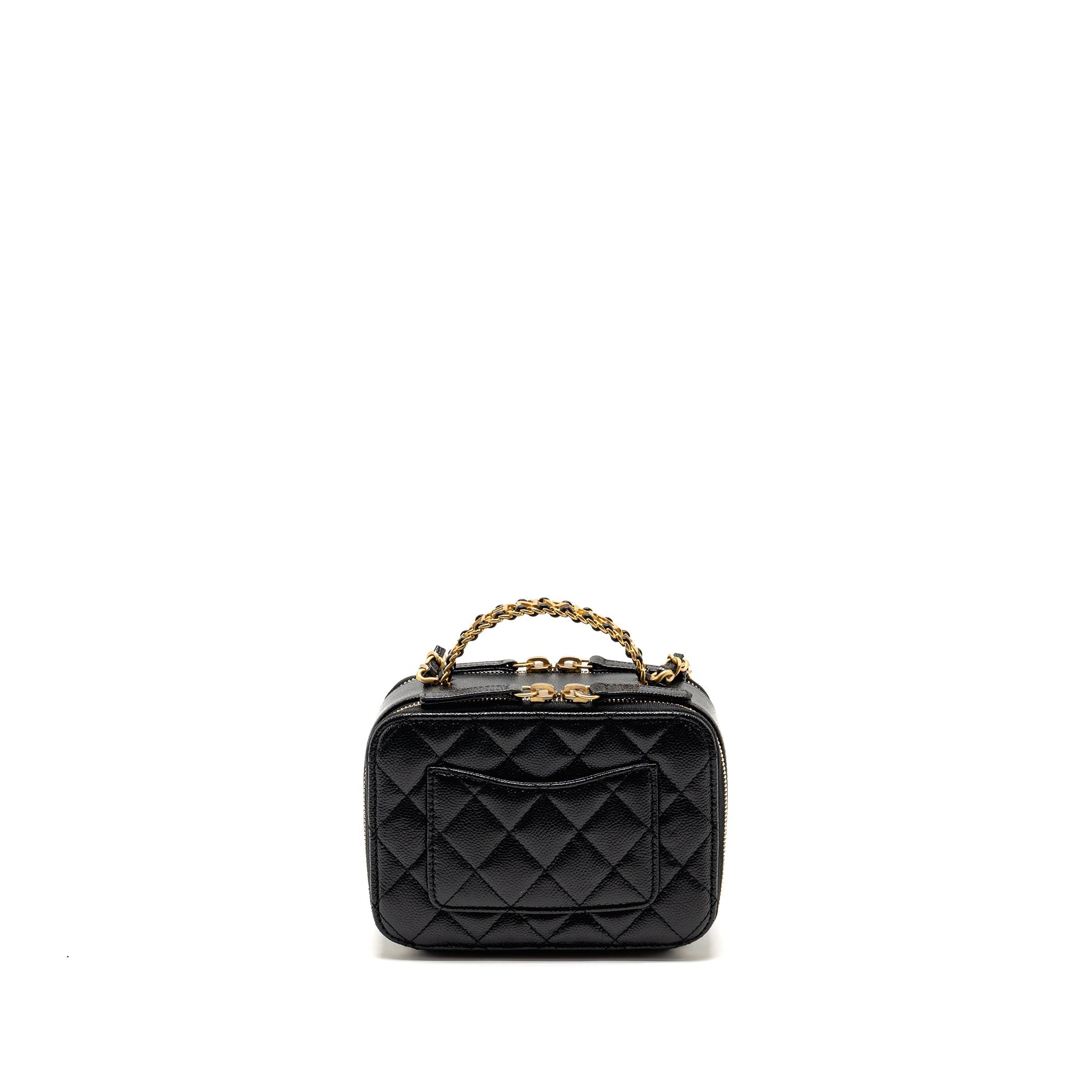 CHANEL LOGO DETAILED HANDLE MINI PICK ME UP VANITY CASE CAVIAR BLACK GHW (MICROCHIP)