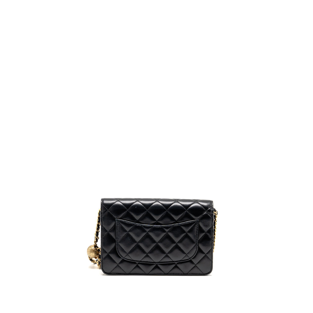 CHANEL PEARL CRUSH WALLET ON CHAIN LAMBSKIN BLACK GHW (MICROCHIP)