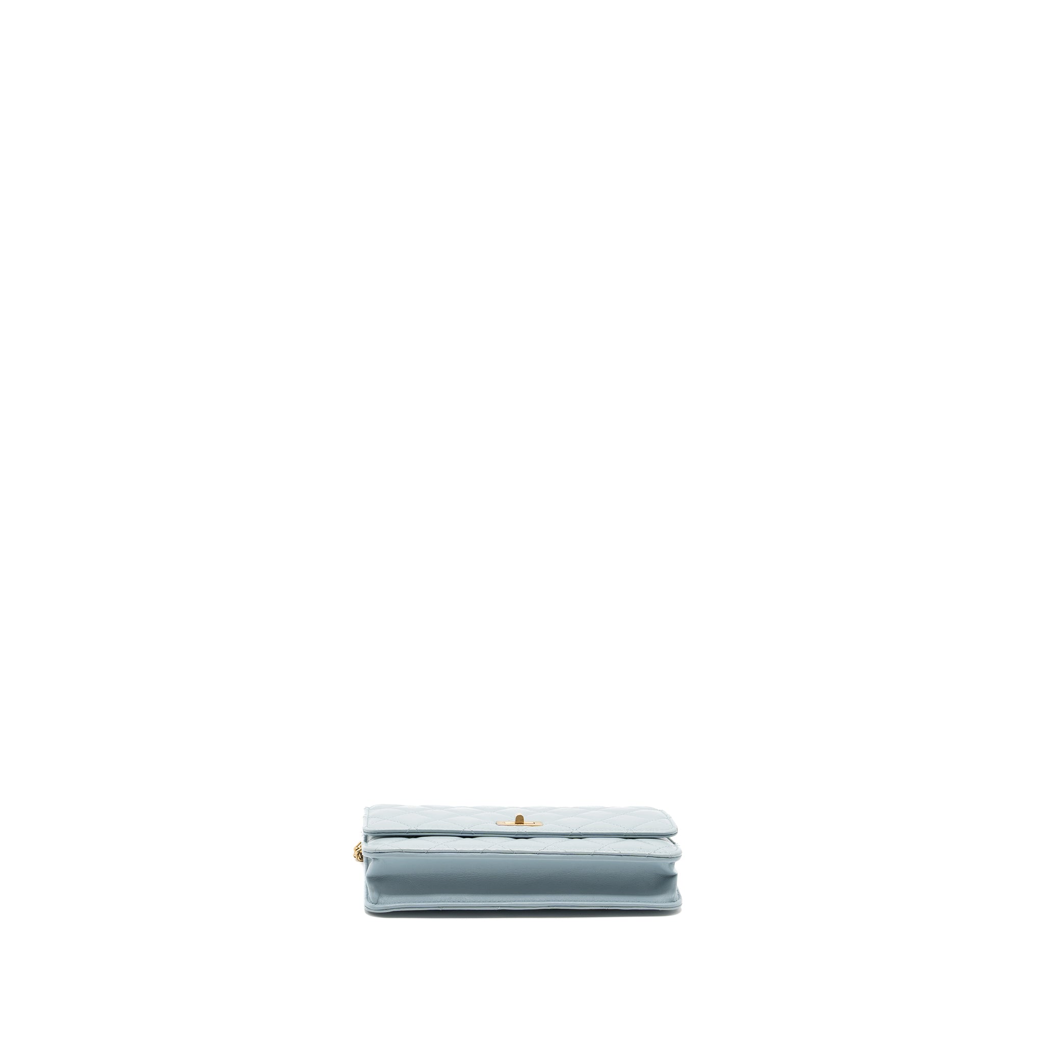 CHANEL 2.55 REISSUE WALLET ON CHAIN AGED CALFSKIN LIGHT BLUE BRUSHED GHW (MICROCHIP)