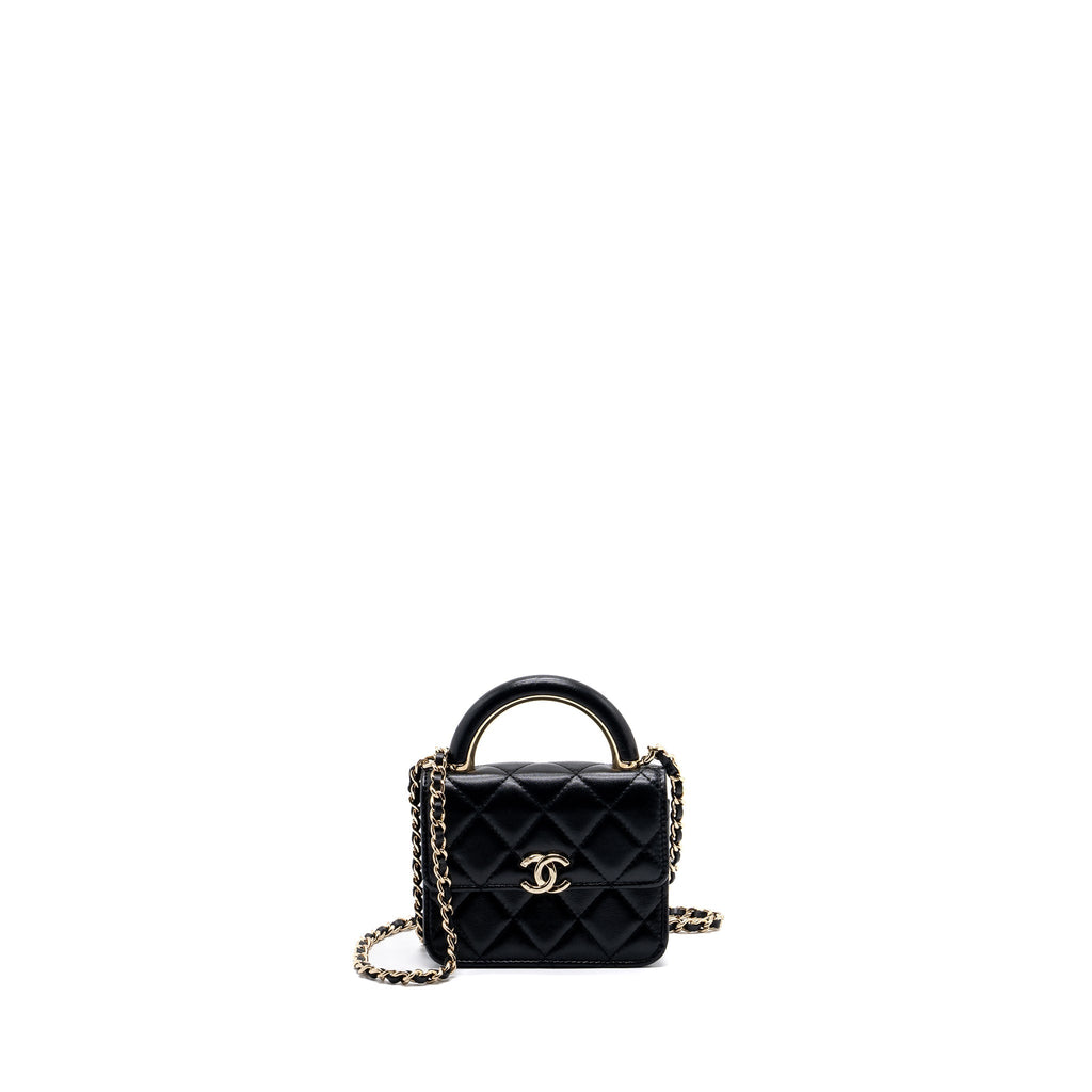 CHANEL TOP HANDLE MINI FLAP BAG WITH CHAIN LAMBSKIN BLACK LGHW (MICROCHIP)