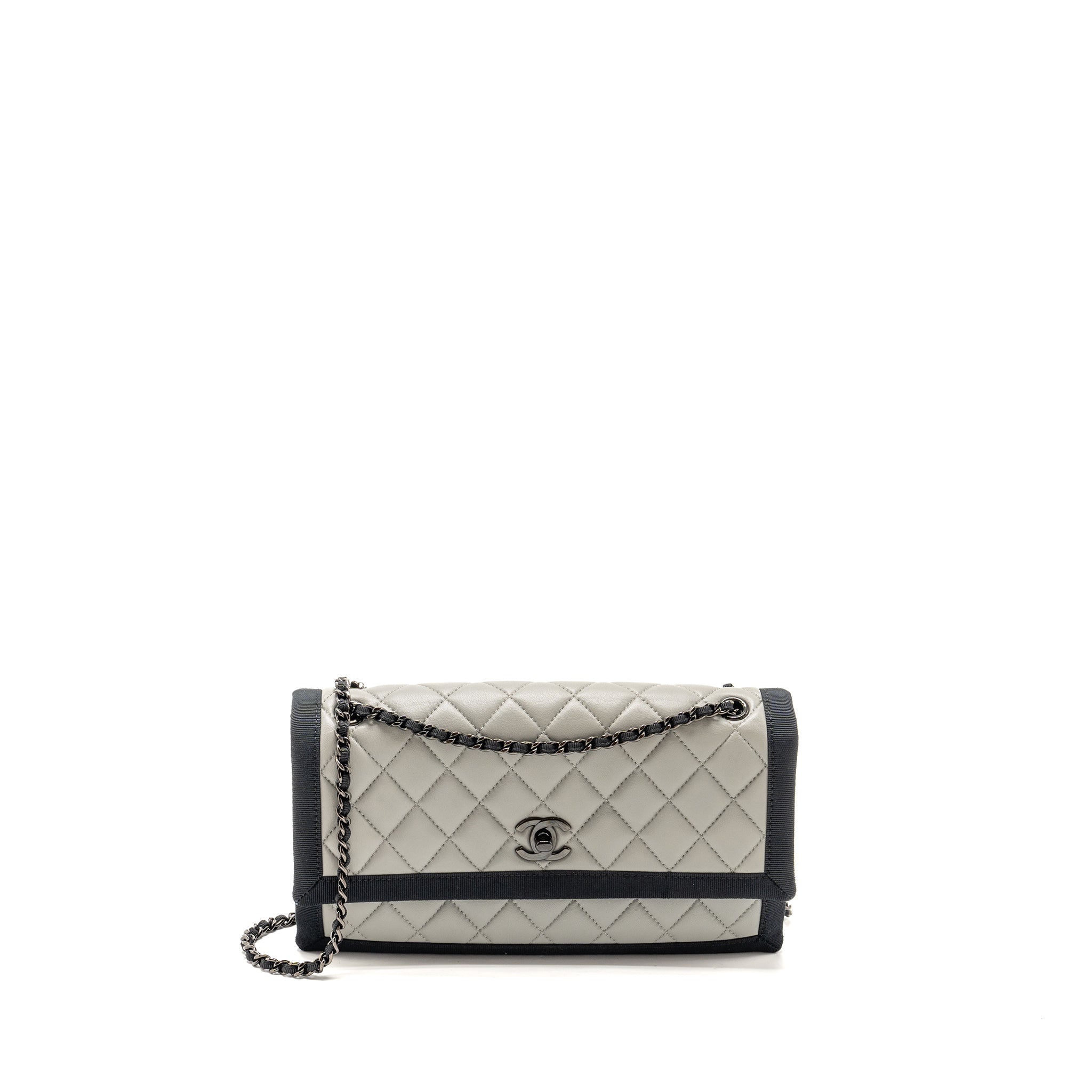 CHANEL QUILTED FLAP WITH FABRIC EDGE LAMBSKIN GREY/ BLACK WITH BLACK HARDWARE