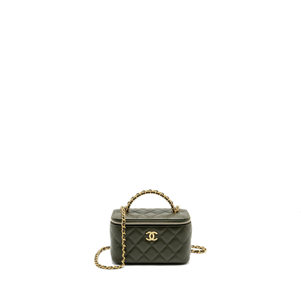 CHANEL DETAIL TOP HANDLE LONG VANITY WITH CHAIN LAMBSKIN DARK GREEN GHW (MICROCHIP)