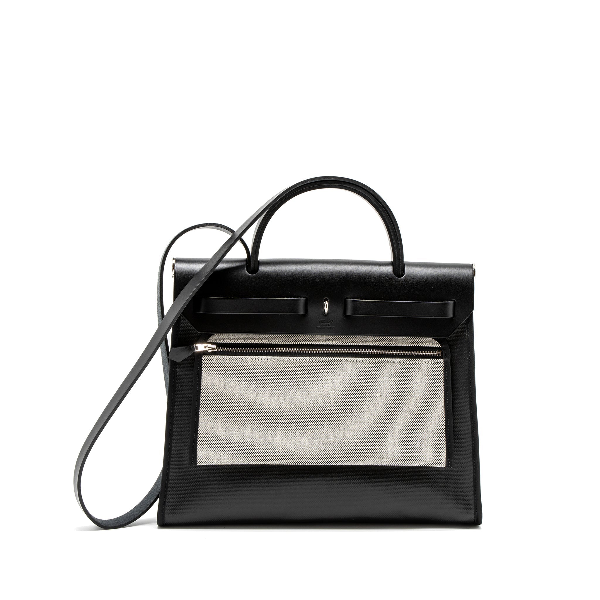 HERMES HERBAG 31 ZIP BAG TOILE H BERLINE CANVAS/VACHE HUNTER BLACK/ECRU SHW