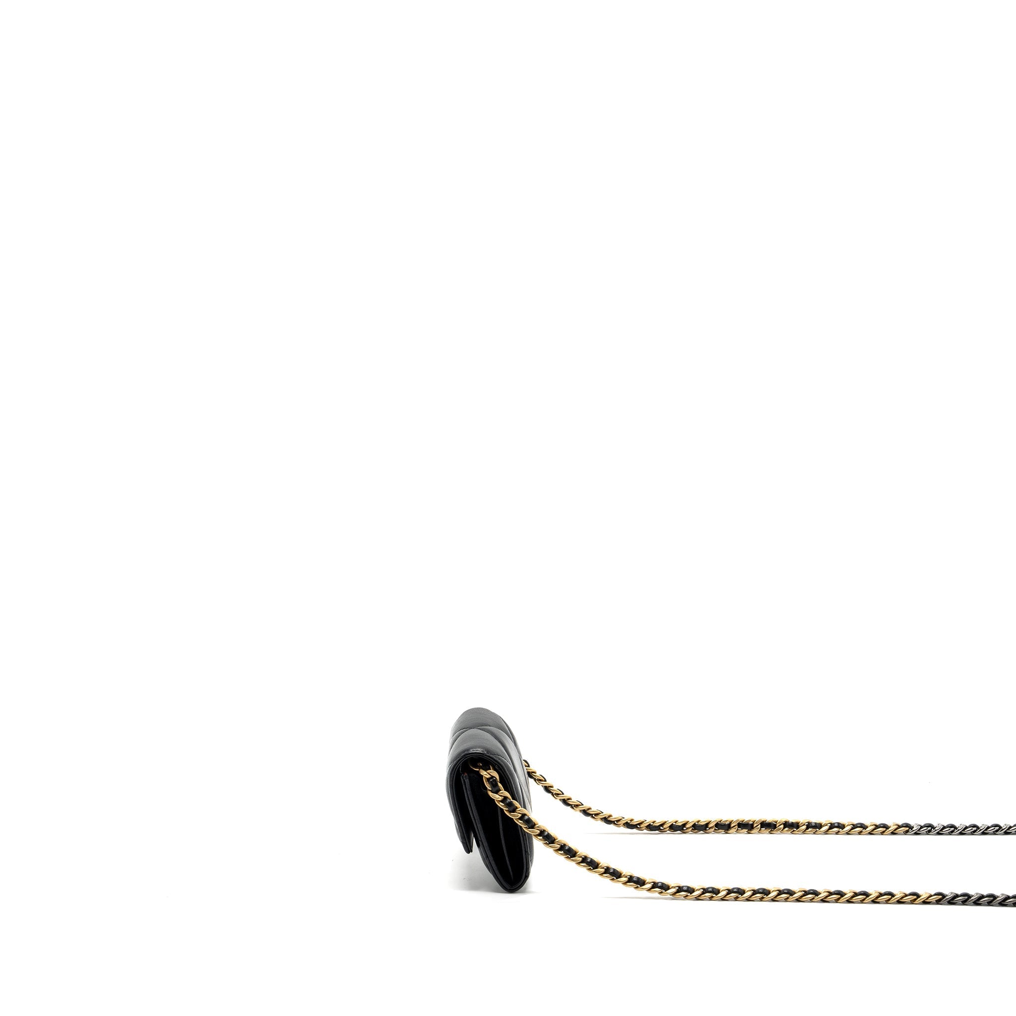 CHANEL 19 FLAP CARD HOLDER WITH CHAIN LAMBSKIN BLACK MULTICOLOR HARDWARE